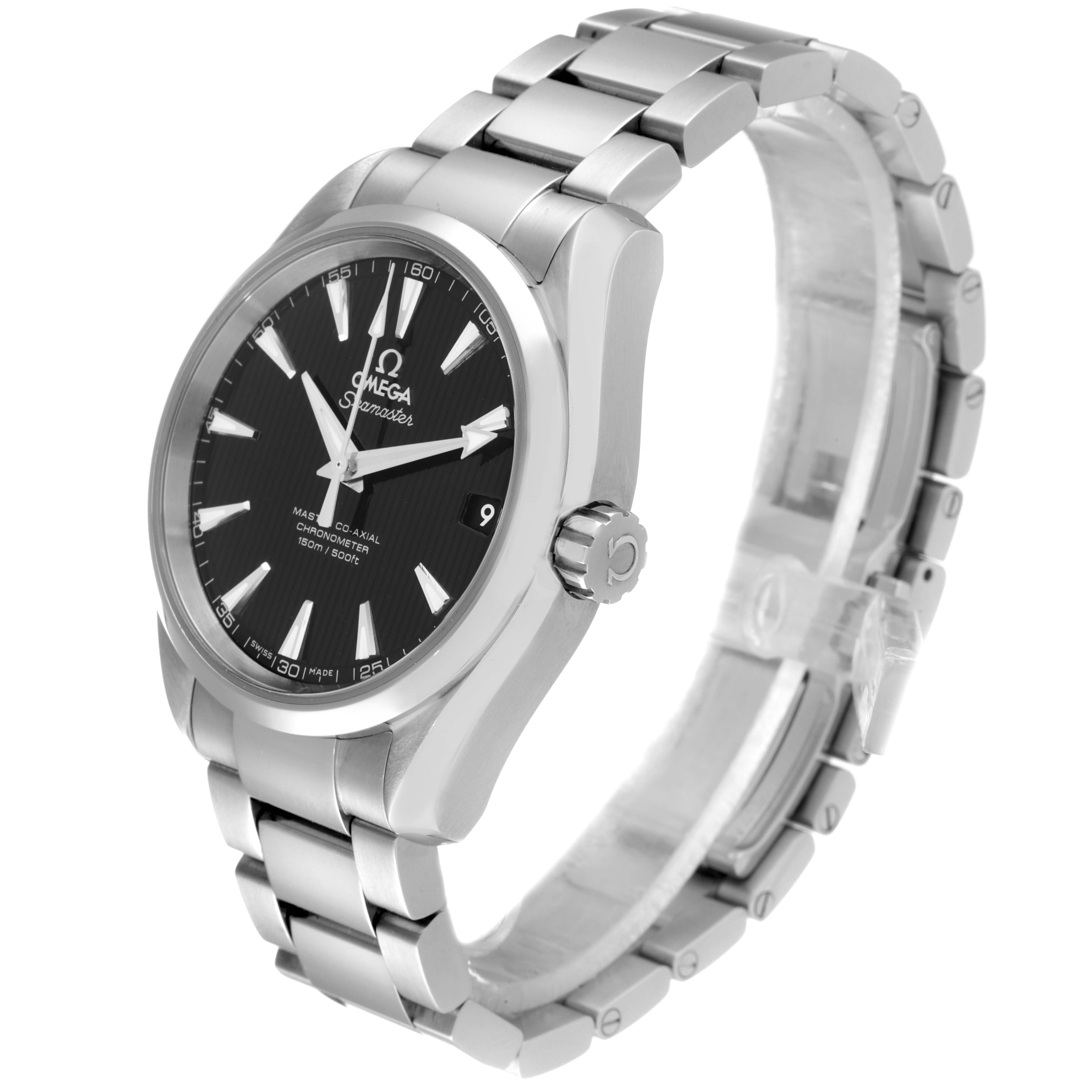 The image shows a side-angle view of the Omega Aqua Terra 231.10.39.21.01.002 Men's Stainless Steel Black Dial 231.10.39.21.01.002 Men's Stainless Steel Black Dial watch, highlighting the face, crown, and stainless steel bracelet.