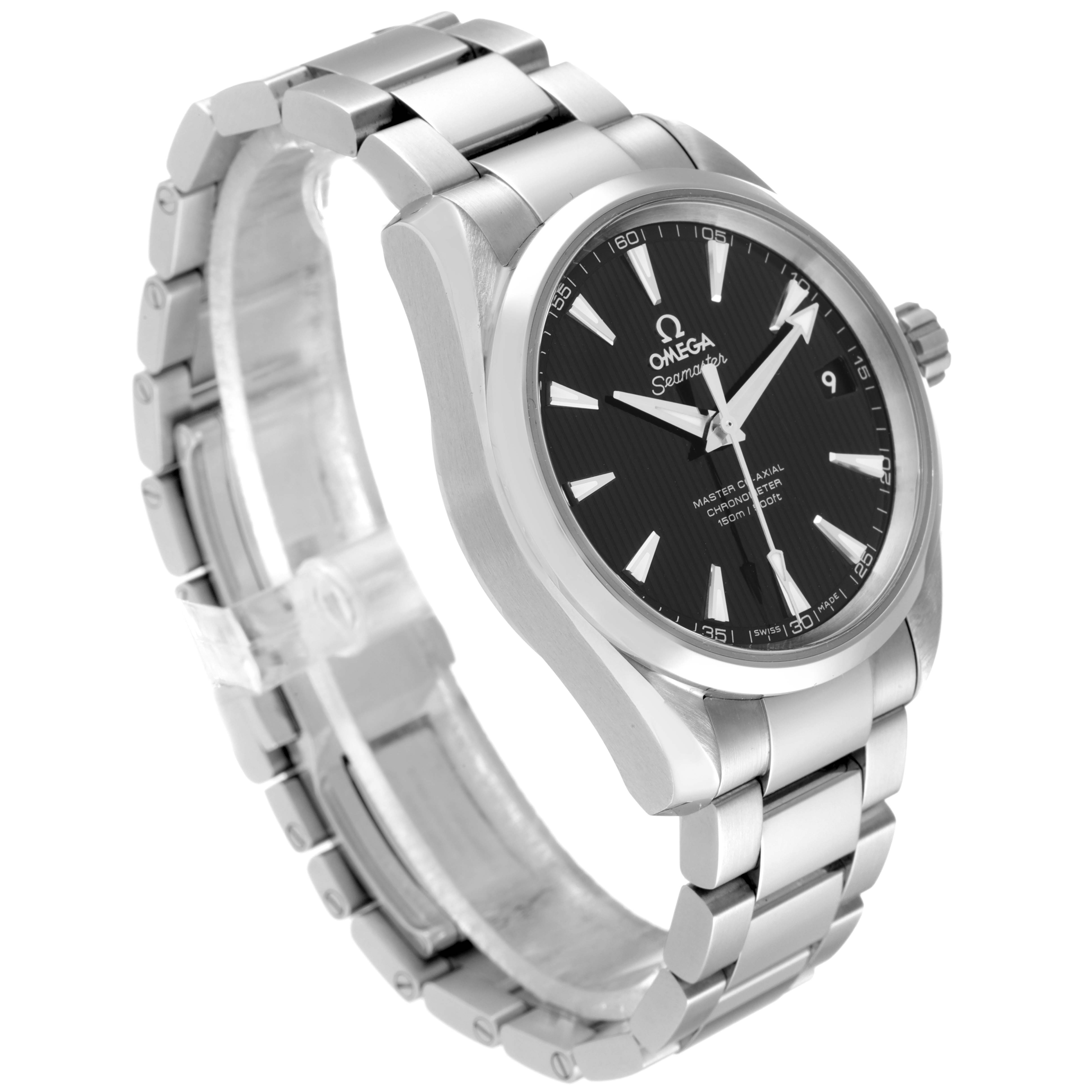 This Omega Aqua Terra 231.10.39.21.01.002 Men's Stainless Steel Black Dial 231.10.39.21.01.002 Men's Stainless Steel Black Dial watch is shown from a three-quarter angle, displaying the face, bracelet, and partially the crown.