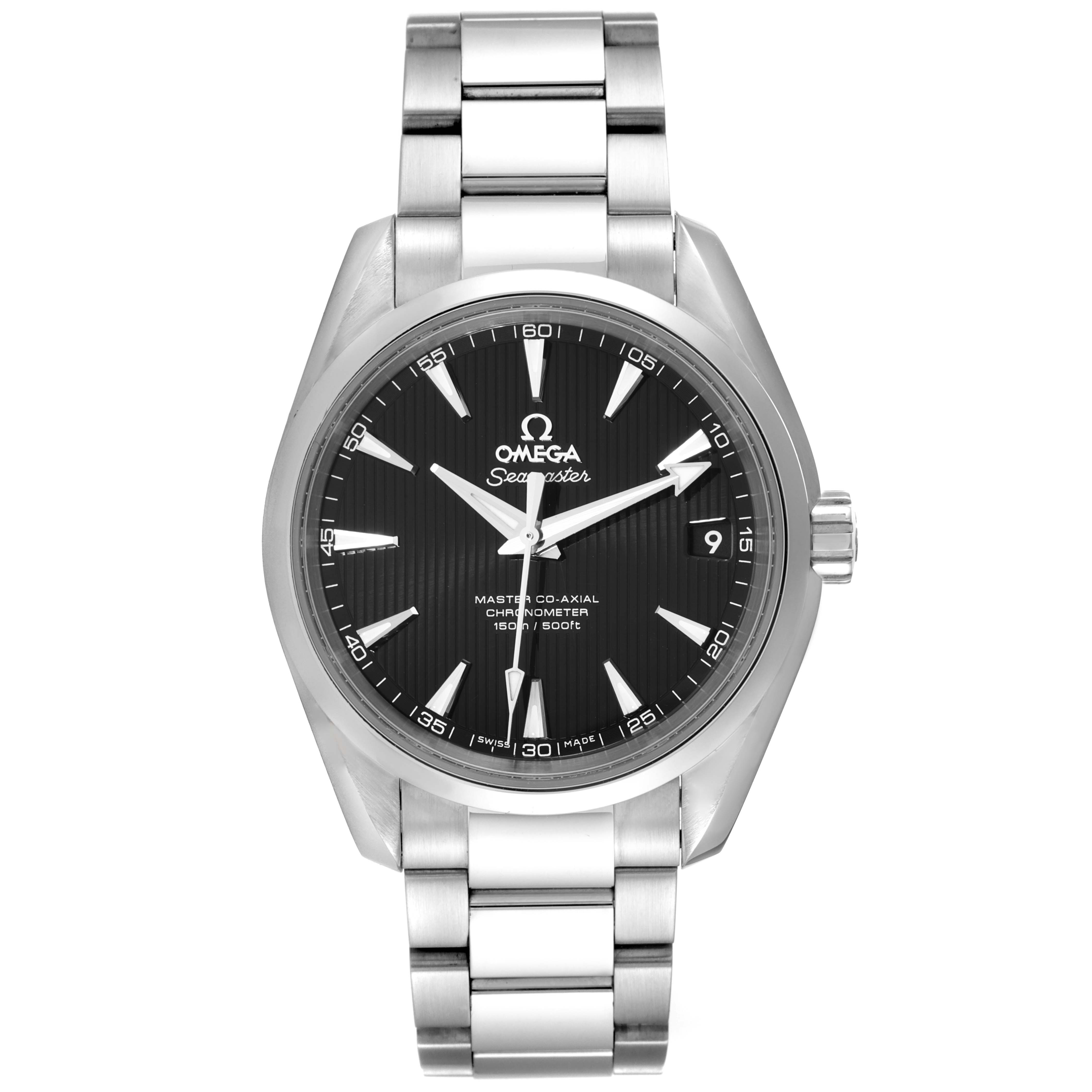 The Omega Aqua Terra 231.10.39.21.01.002 Men's Stainless Steel Black Dial 231.10.39.21.01.002 Men's Stainless Steel Black Dial model is shown from the front, displaying the dial, hands, case, and bracelet.