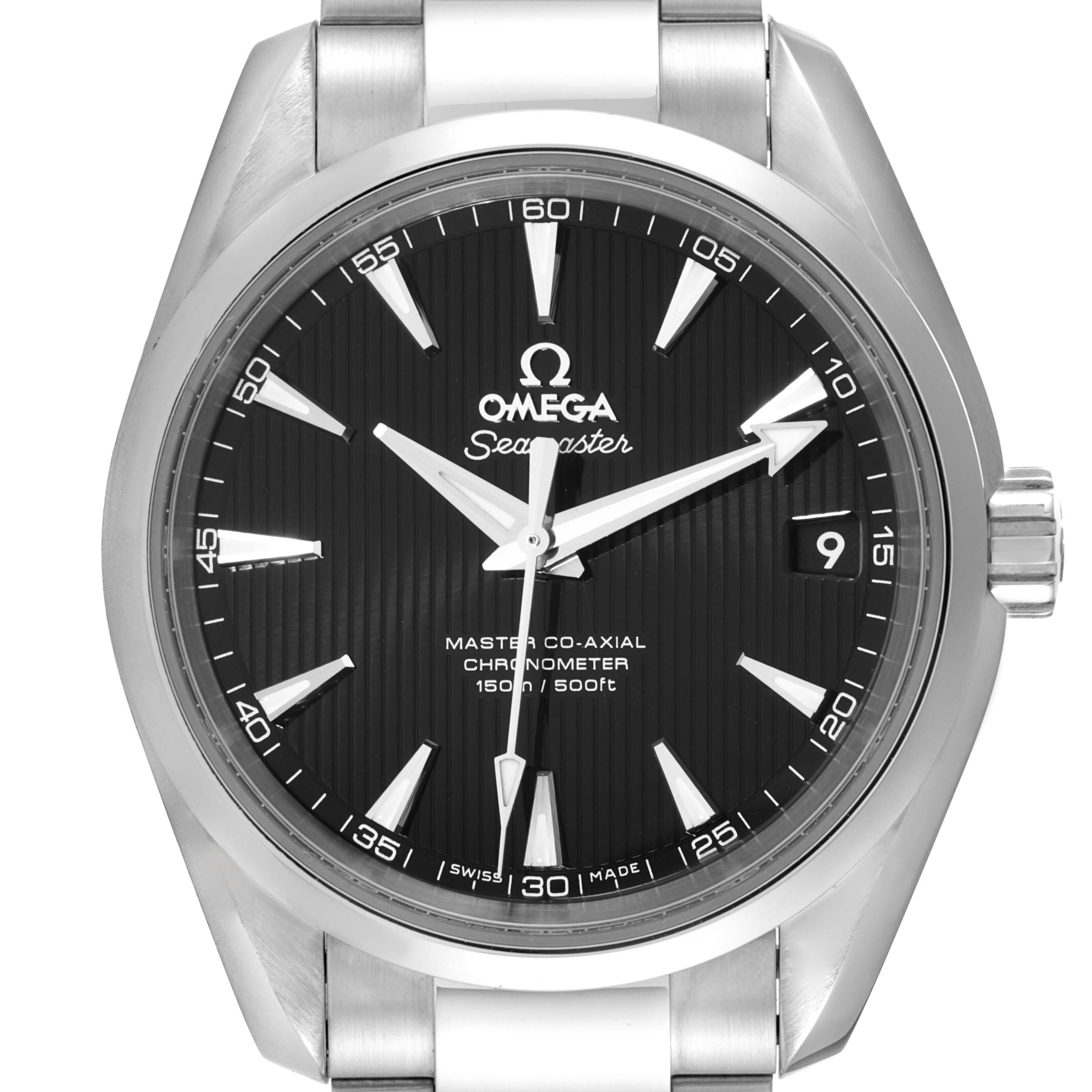 The Omega Aqua Terra 231.10.39.21.01.002 Men's Stainless Steel Black Dial 231.10.39.21.01.002 Men's Stainless Steel Black Dial Seamaster watch is shown from a front angle, highlighting its dial, bezel, and partial bracelet.