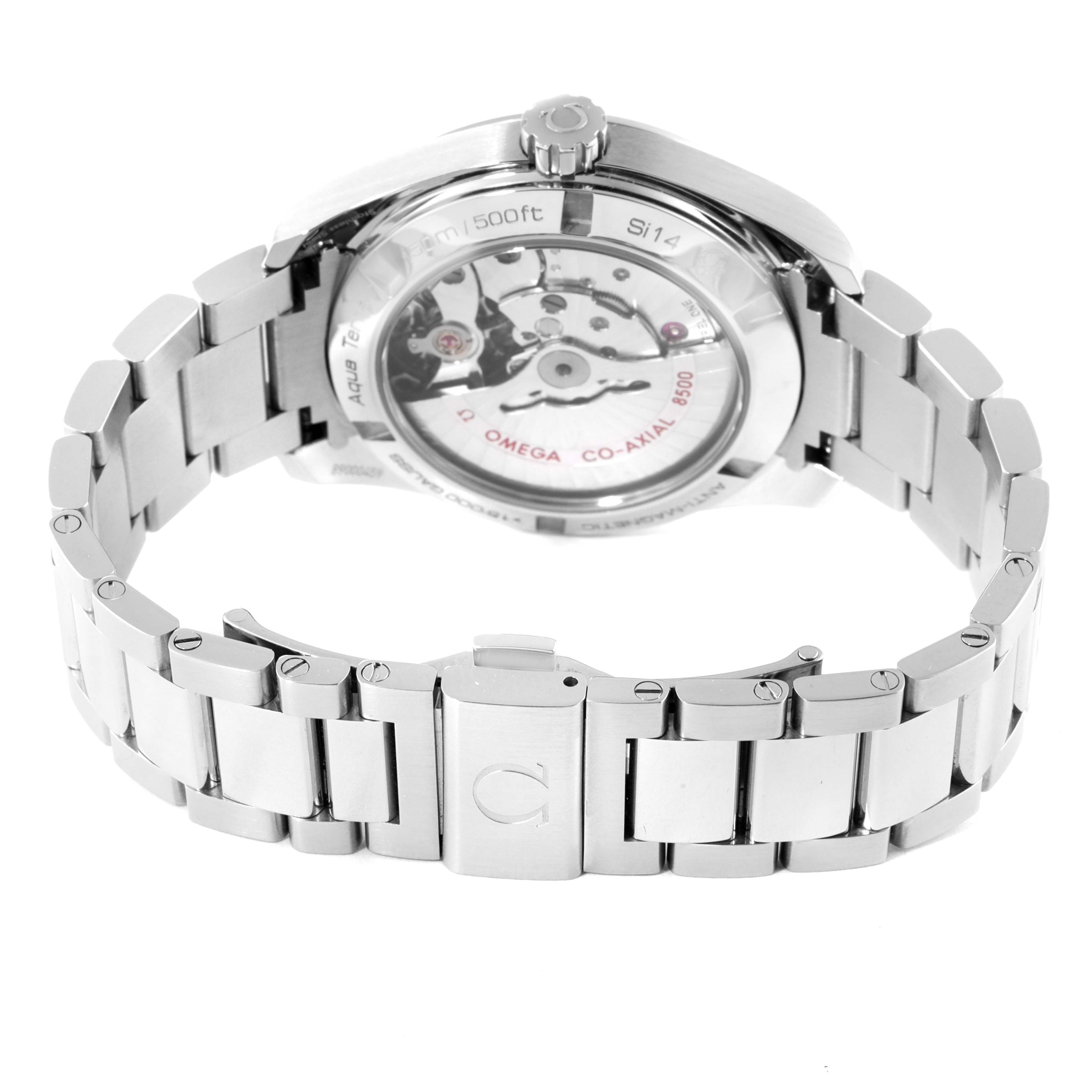 The image shows the back view of an Omega Aqua Terra 231.10.39.21.01.002 Men's Stainless Steel Black Dial 231.10.39.21.01.002 Men's Stainless Steel Black Dial watch, highlighting its movement and metal bracelet.