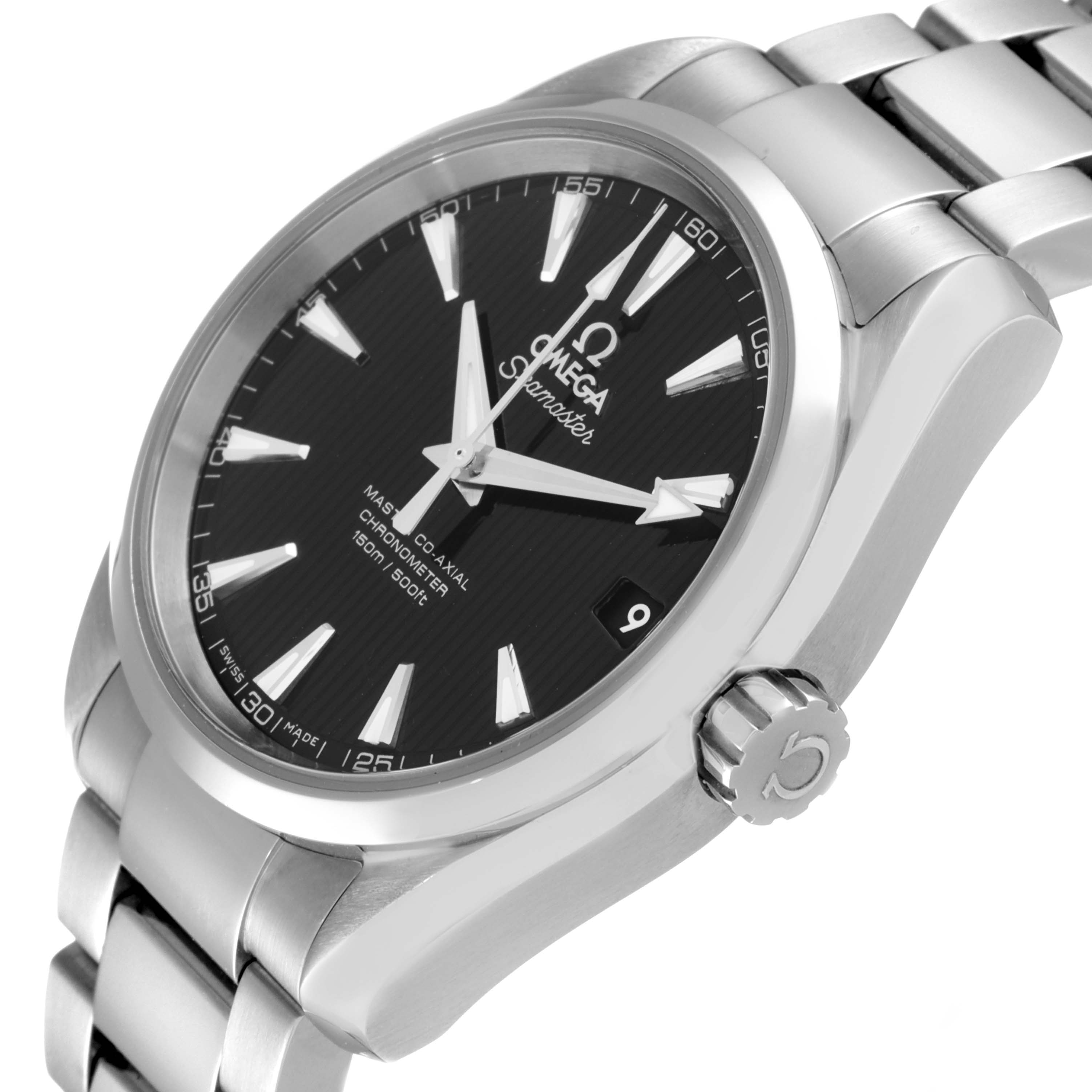 This image shows a side angle of the Omega Aqua Terra 231.10.39.21.01.002 Men's Stainless Steel Black Dial 231.10.39.21.01.002 Men's Stainless Steel Black Dial watch, highlighting the face, bezel, crown, and part of the bracelet.