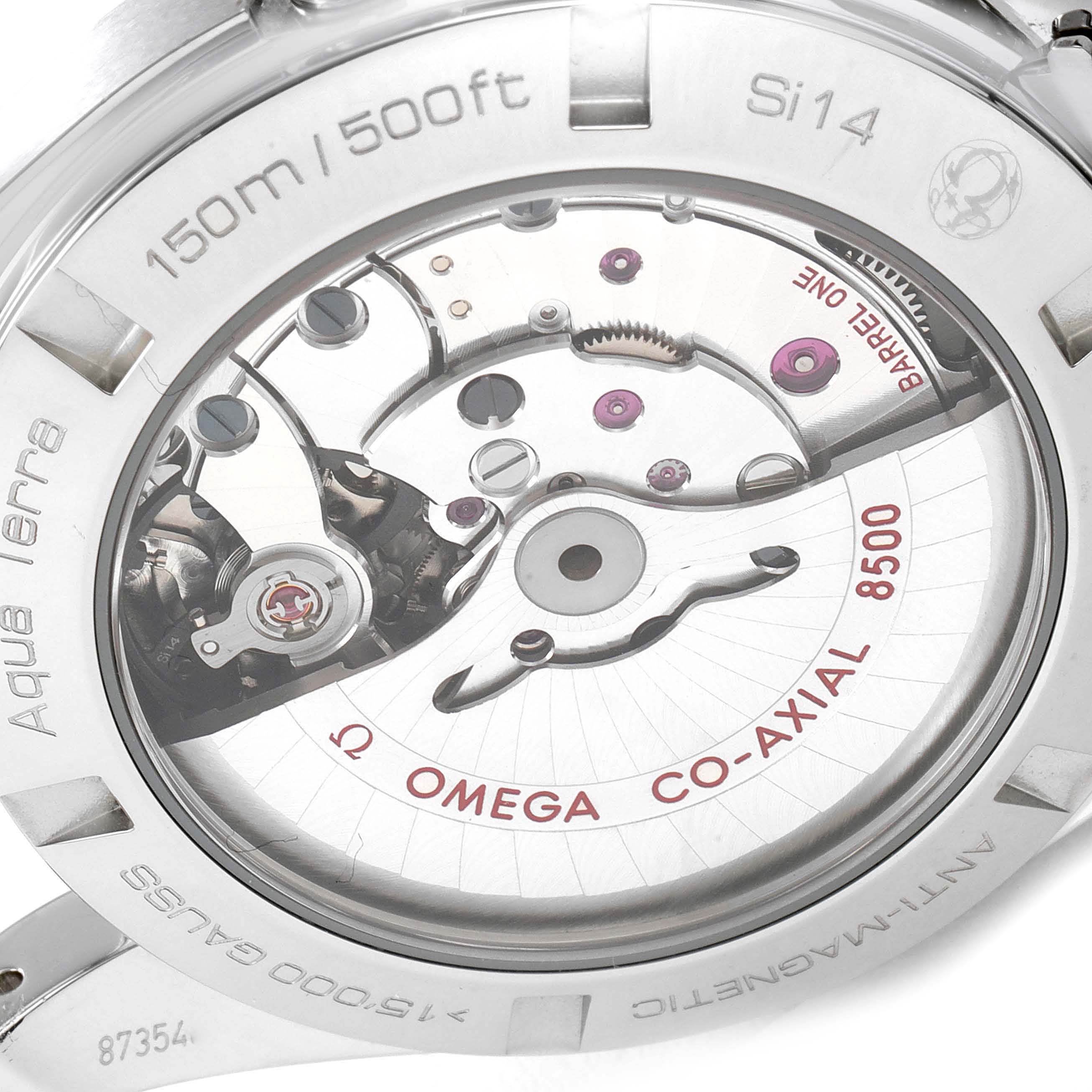 The image shows the back of an Omega Aqua Terra 231.10.42.21.01.004 Men
s Stainless Steel Black Dial 231.10.42.21.01.004 Men
s Stainless Steel Black Dial watch, highlighting the Co-Axial 8500 movement and water resistance details.