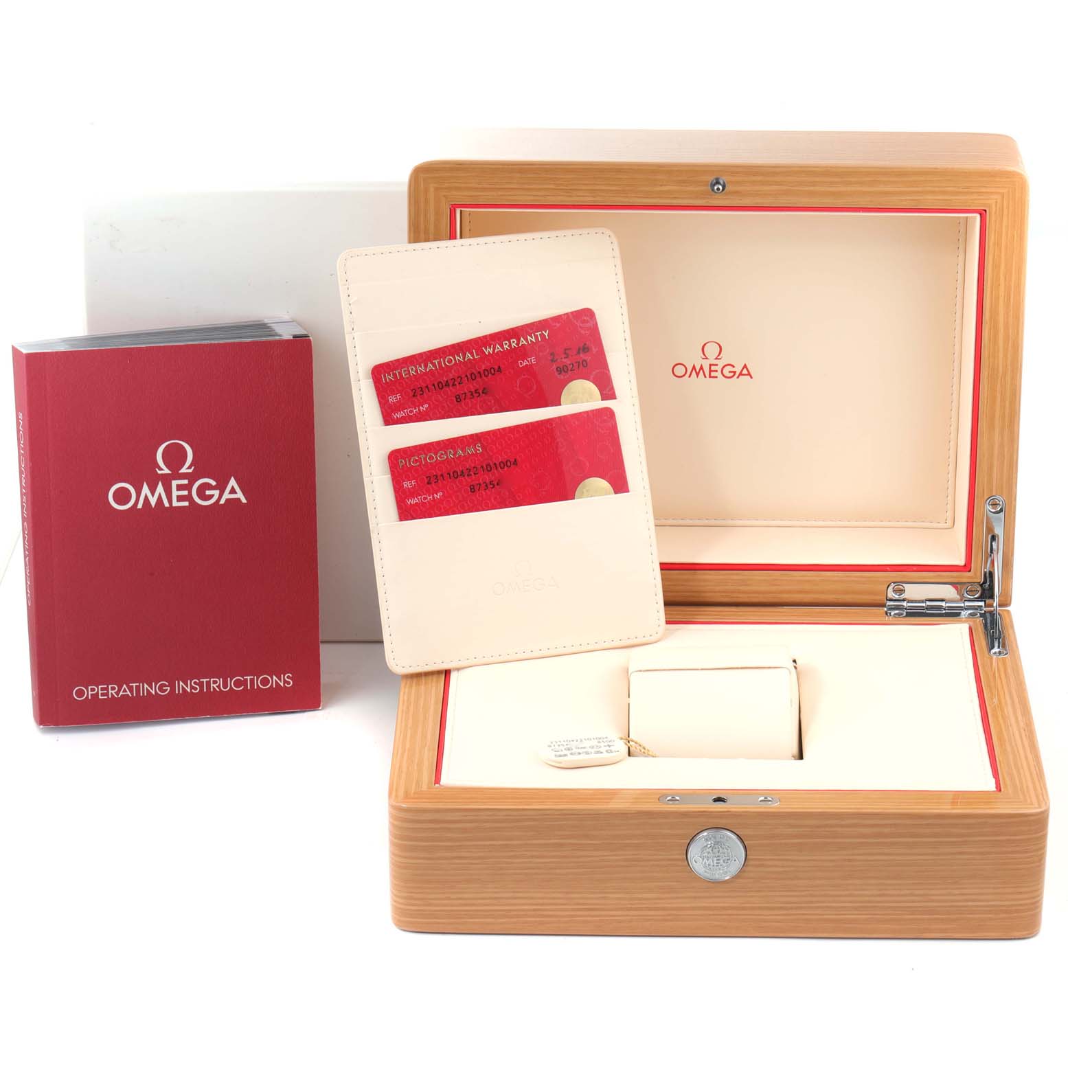 The image shows an Omega Aqua Terra 231.10.42.21.01.004 Men
s Stainless Steel Black Dial 231.10.42.21.01.004 Men
s Stainless Steel Black Dial watch box, warranty cards, and operating instructions, viewed from the front.