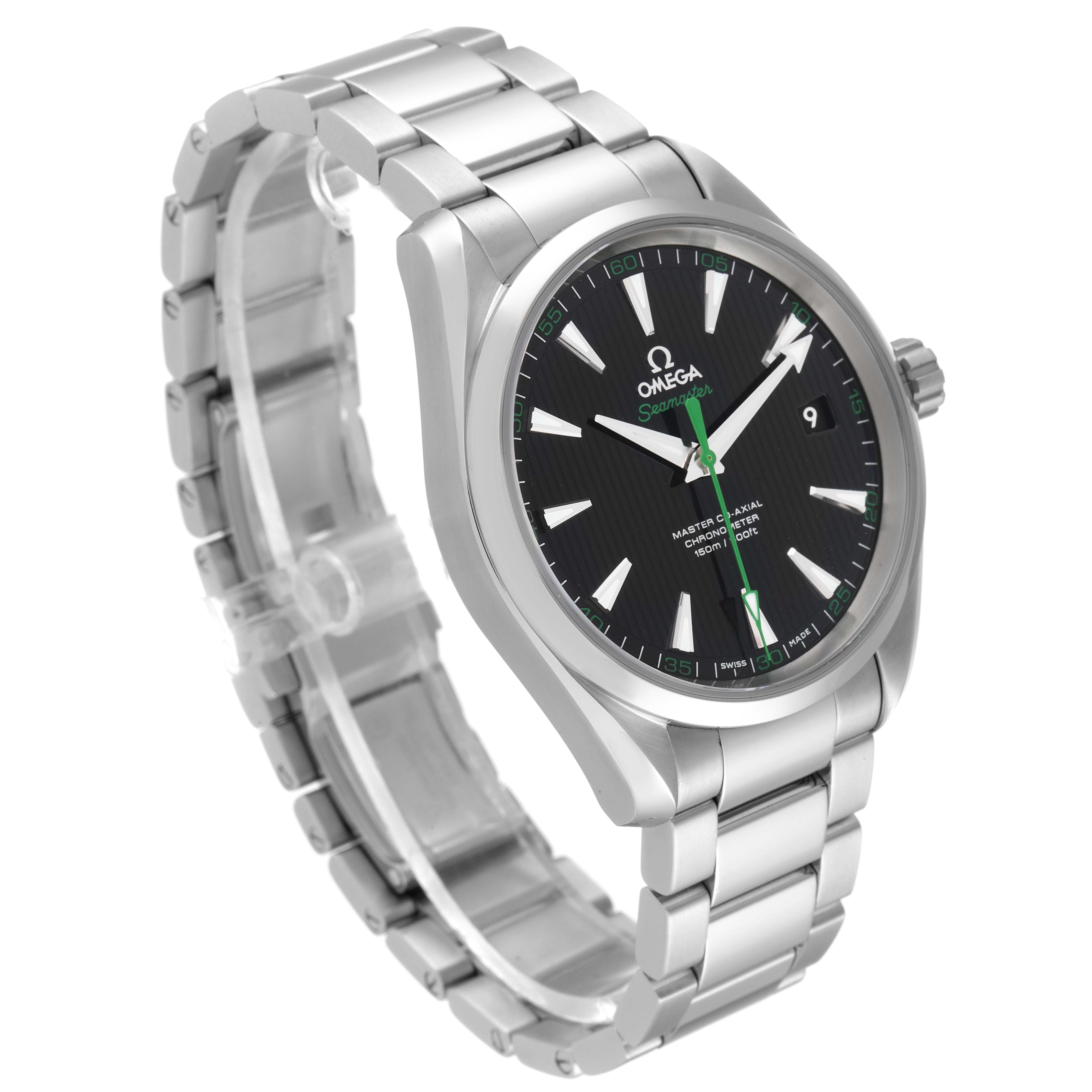 The Omega Aqua Terra 231.10.42.21.01.004 Men
s Stainless Steel Black Dial 231.10.42.21.01.004 Men
s Stainless Steel Black Dial watch is shown at a slight angle, displaying the face, bracelet, and crown.