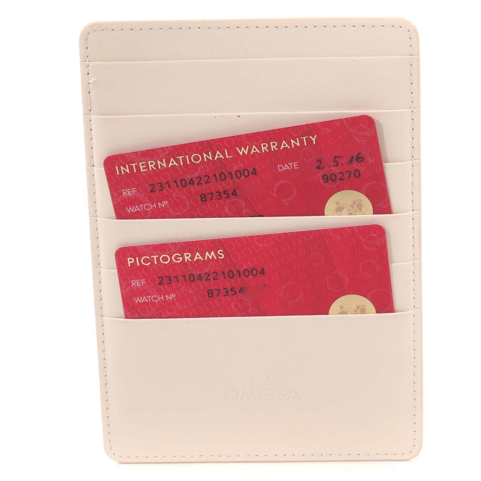 The image shows an Omega Aqua Terra 231.10.42.21.01.004 Men
s Stainless Steel Black Dial 231.10.42.21.01.004 Men
s Stainless Steel Black Dial watch
s warranty card and pictogram card in a beige cardholder.