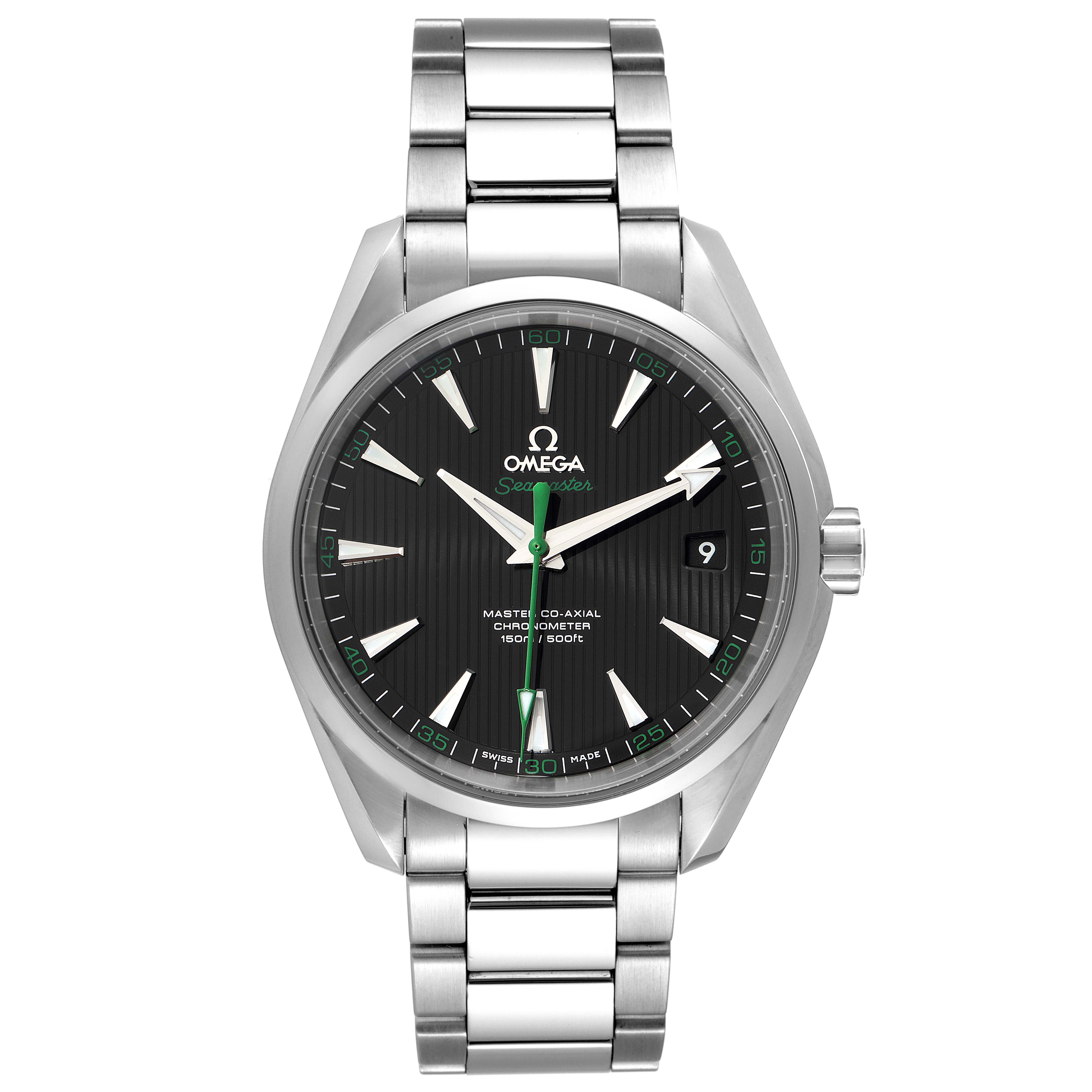 This image shows the front view of the Omega Aqua Terra 231.10.42.21.01.004 Men
s Stainless Steel Black Dial 231.10.42.21.01.004 Men
s Stainless Steel Black Dial watch, displaying its face, hands, bezel, and bracelet.