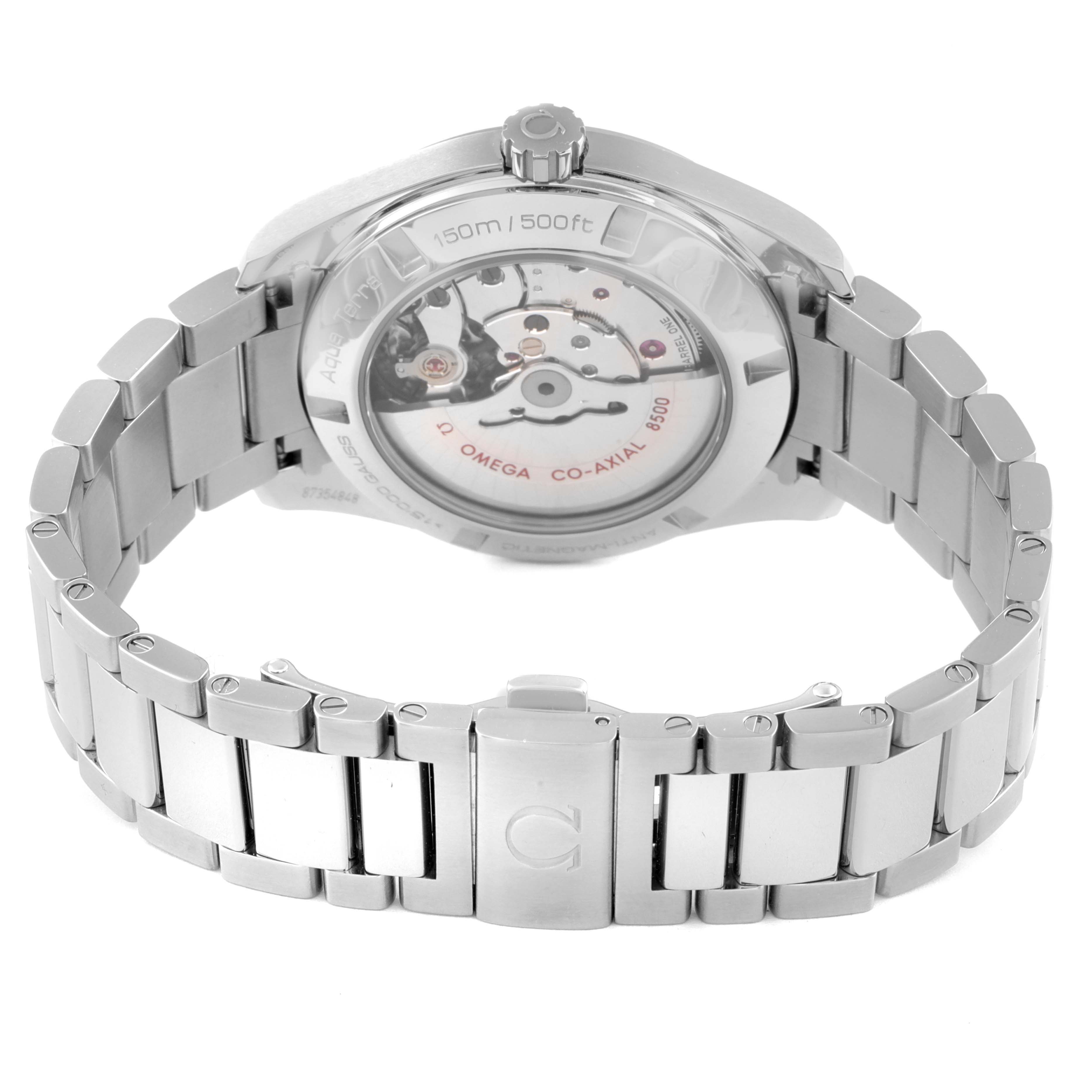 This image shows the back of the Omega Aqua Terra 231.10.42.21.01.004 Men
s Stainless Steel Black Dial 231.10.42.21.01.004 Men
s Stainless Steel Black Dial watch, revealing the transparent case back and the metal bracelet.