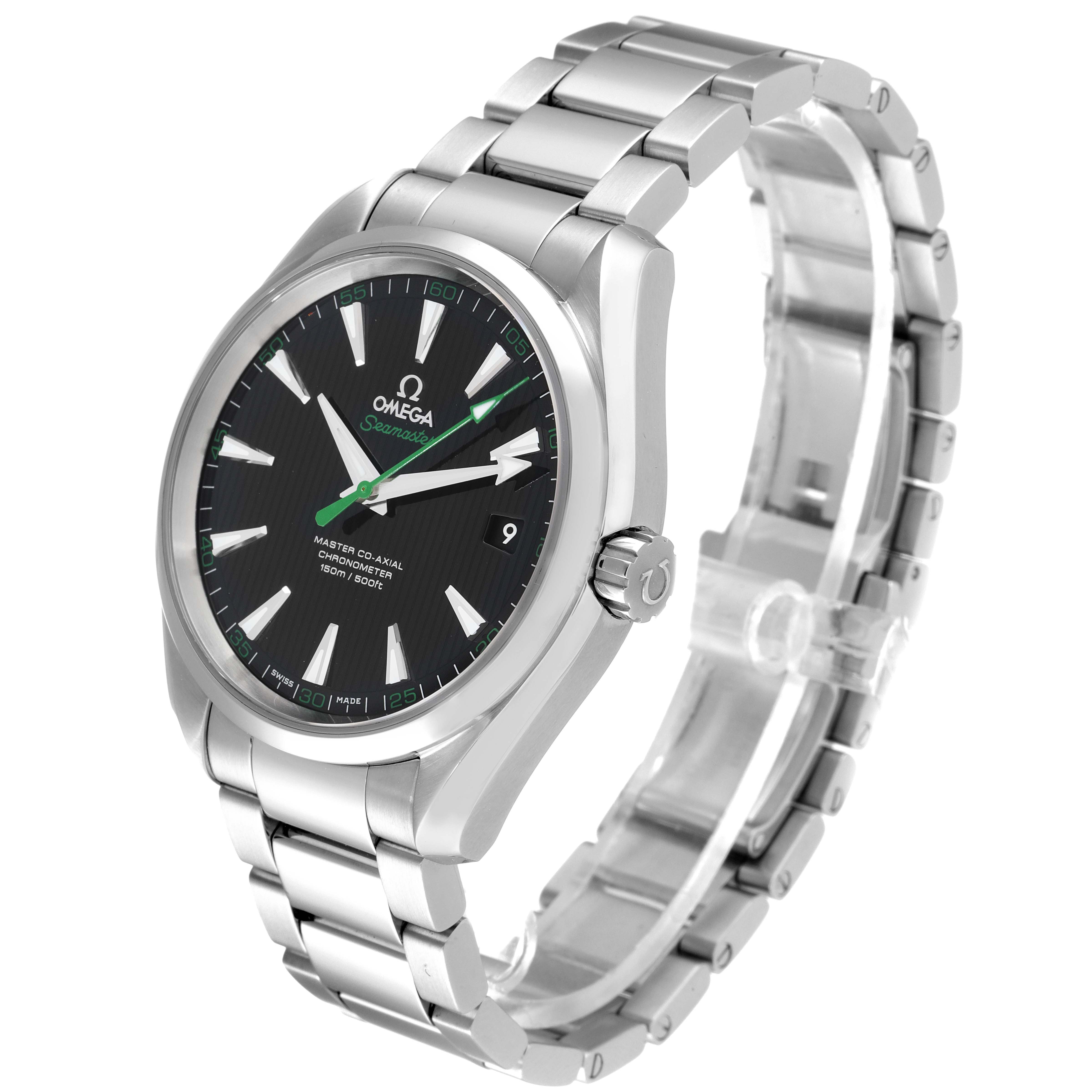 The Omega Aqua Terra 231.10.42.21.01.004 Men
s Stainless Steel Black Dial 231.10.42.21.01.004 Men
s Stainless Steel Black Dial watch is shown at a three-quarter angle, highlighting the dial, crown, and stainless steel bracelet.