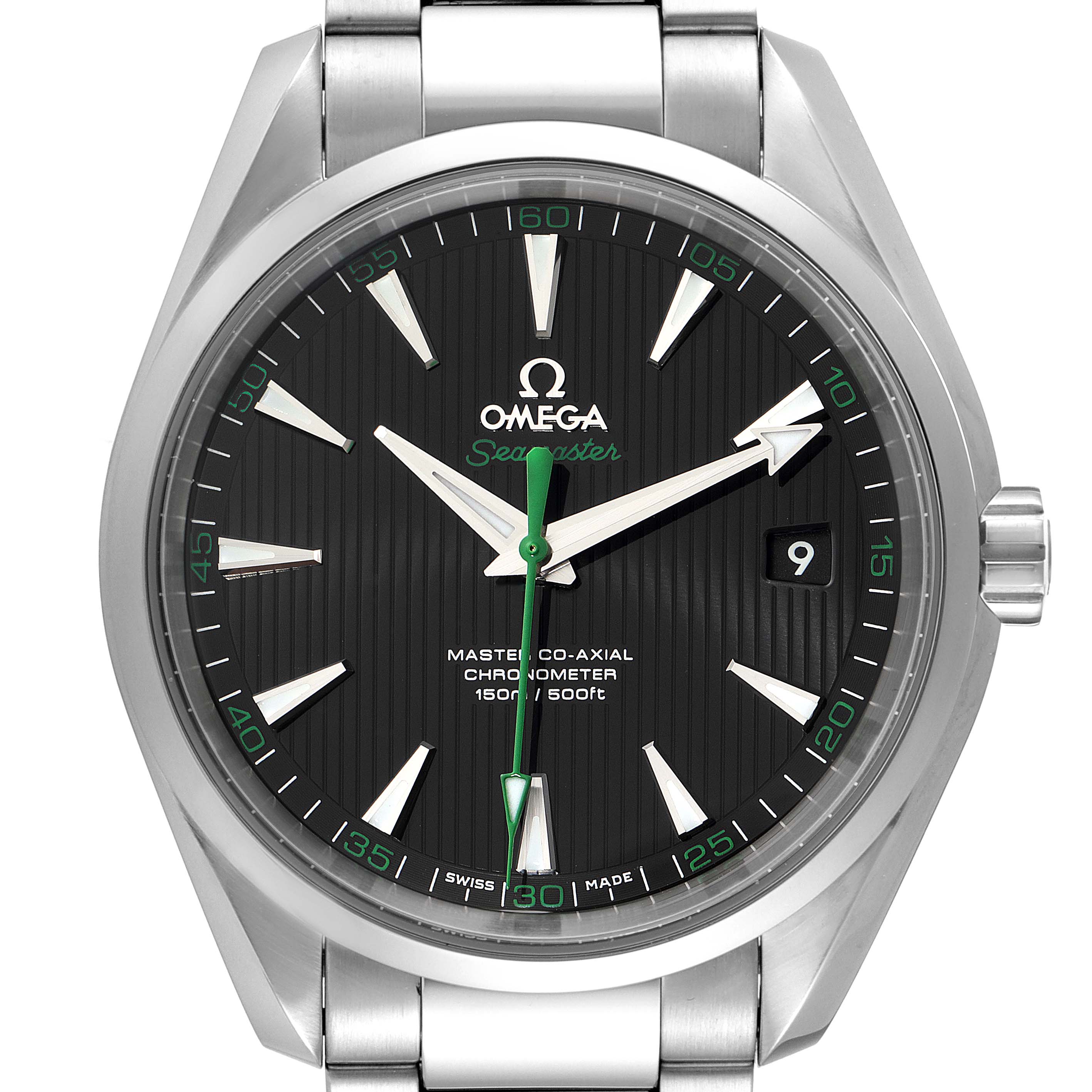 The image shows a front view of the Omega Aqua Terra 231.10.42.21.01.004 Men
s Stainless Steel Black Dial 231.10.42.21.01.004 Men
s Stainless Steel Black Dial watch, highlighting its dial, hands, markers, and part of the bracelet.