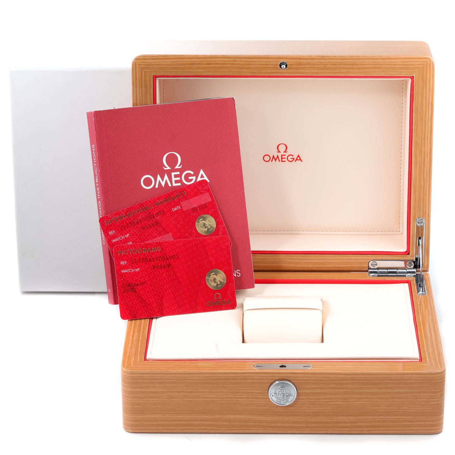 This image shows an Omega Seamaster 212.30.41.20.01.003 Men's Stainless Steel Black Dial 212.30.41.20.01.003 Men's Stainless Steel Black Dial watch box with its certificates and instruction manual displayed in front.