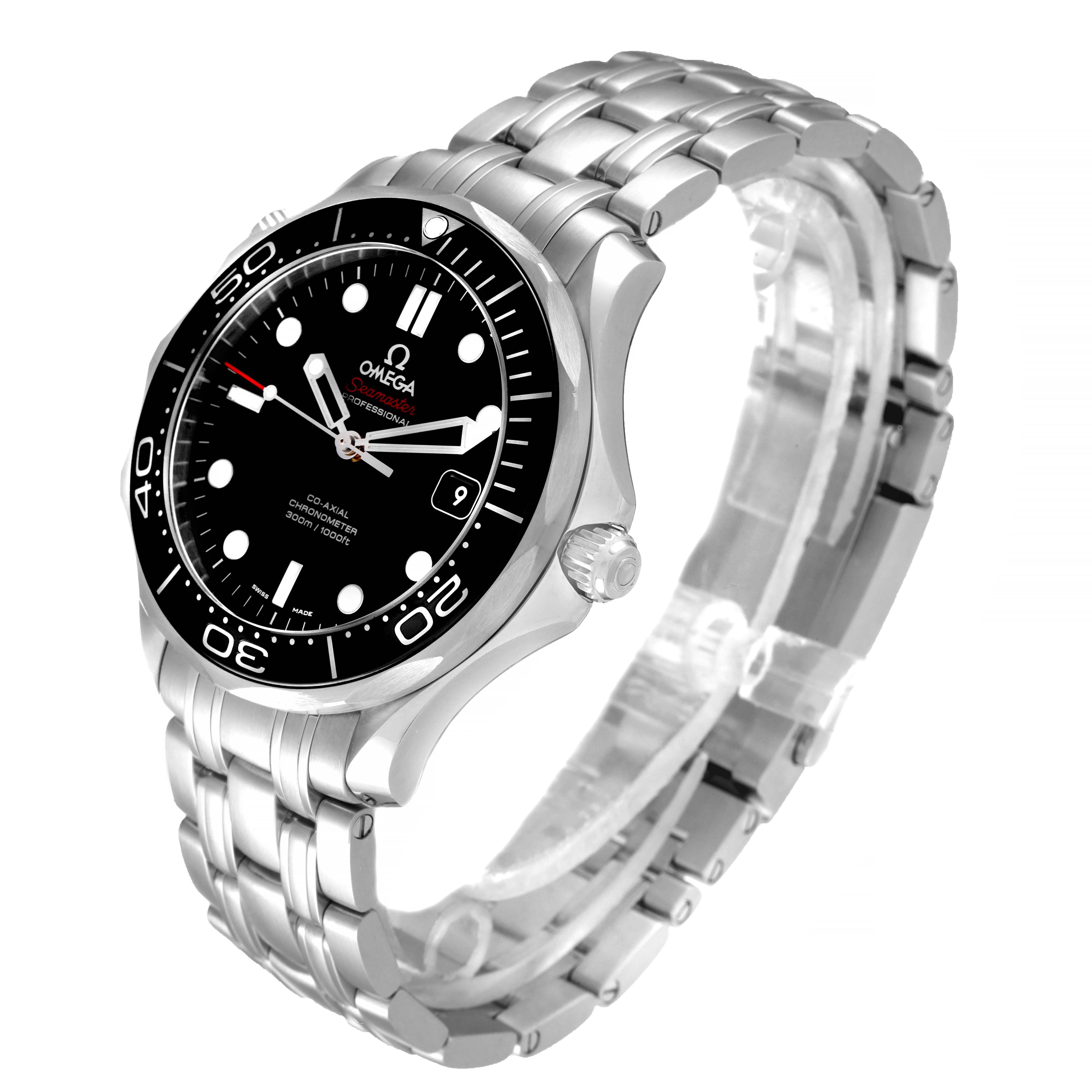 The Omega Seamaster 212.30.41.20.01.003 Men's Stainless Steel Black Dial 212.30.41.20.01.003 Men's Stainless Steel Black Dial watch is shown from an angled perspective, displaying its face, bezel, crown, and metal bracelet.