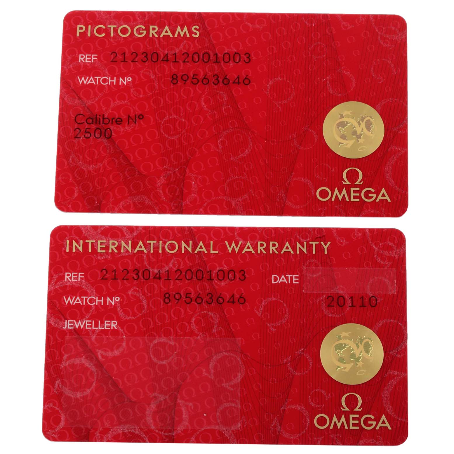 The image shows the Pictograms and International Warranty cards for the Omega Seamaster 212.30.41.20.01.003 Men's Stainless Steel Black Dial 212.30.41.20.01.003 Men's Stainless Steel Black Dial model.