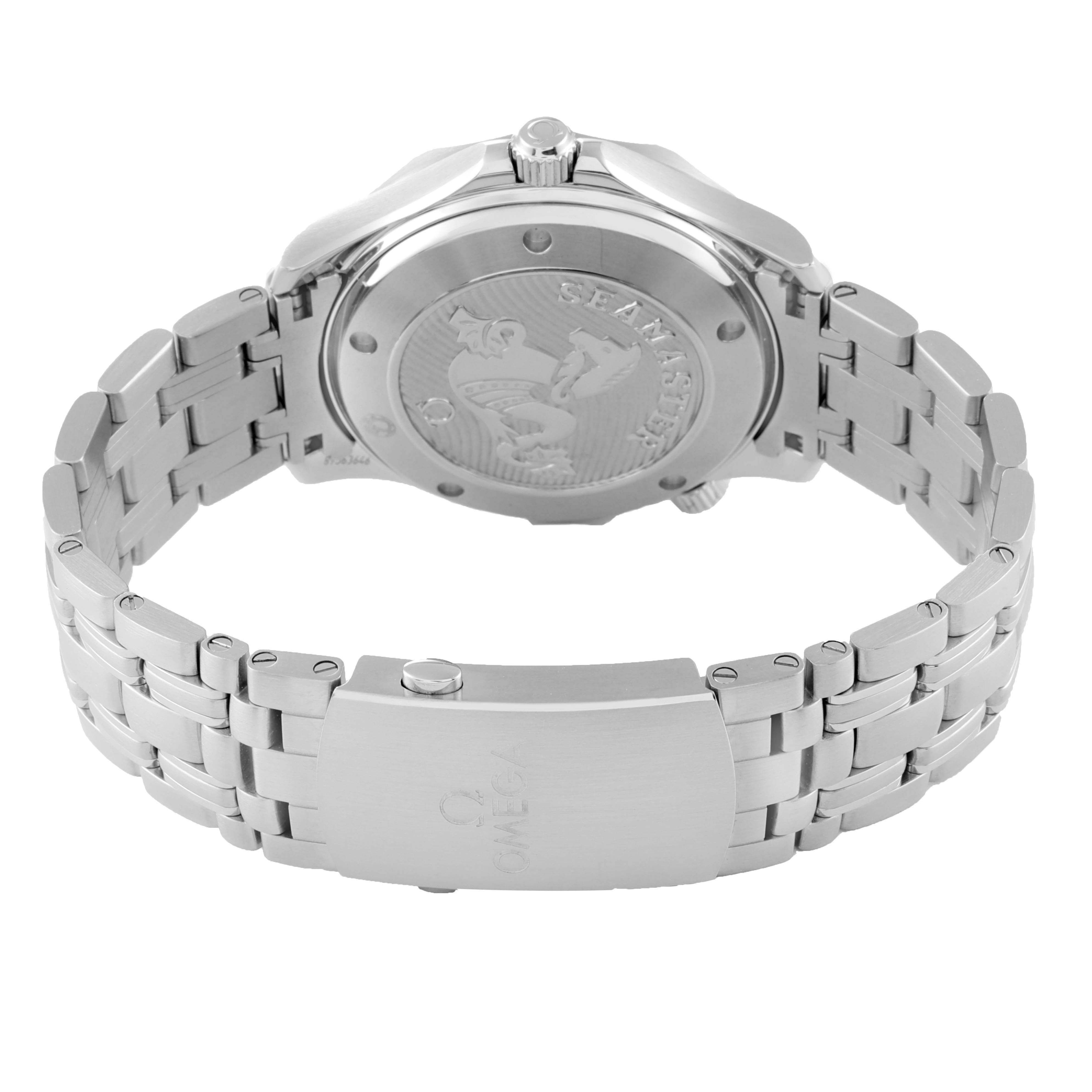 The image shows the back case and bracelet of an Omega Seamaster 212.30.41.20.01.003 Men's Stainless Steel Black Dial 212.30.41.20.01.003 Men's Stainless Steel Black Dial watch from a slightly elevated rear angle.