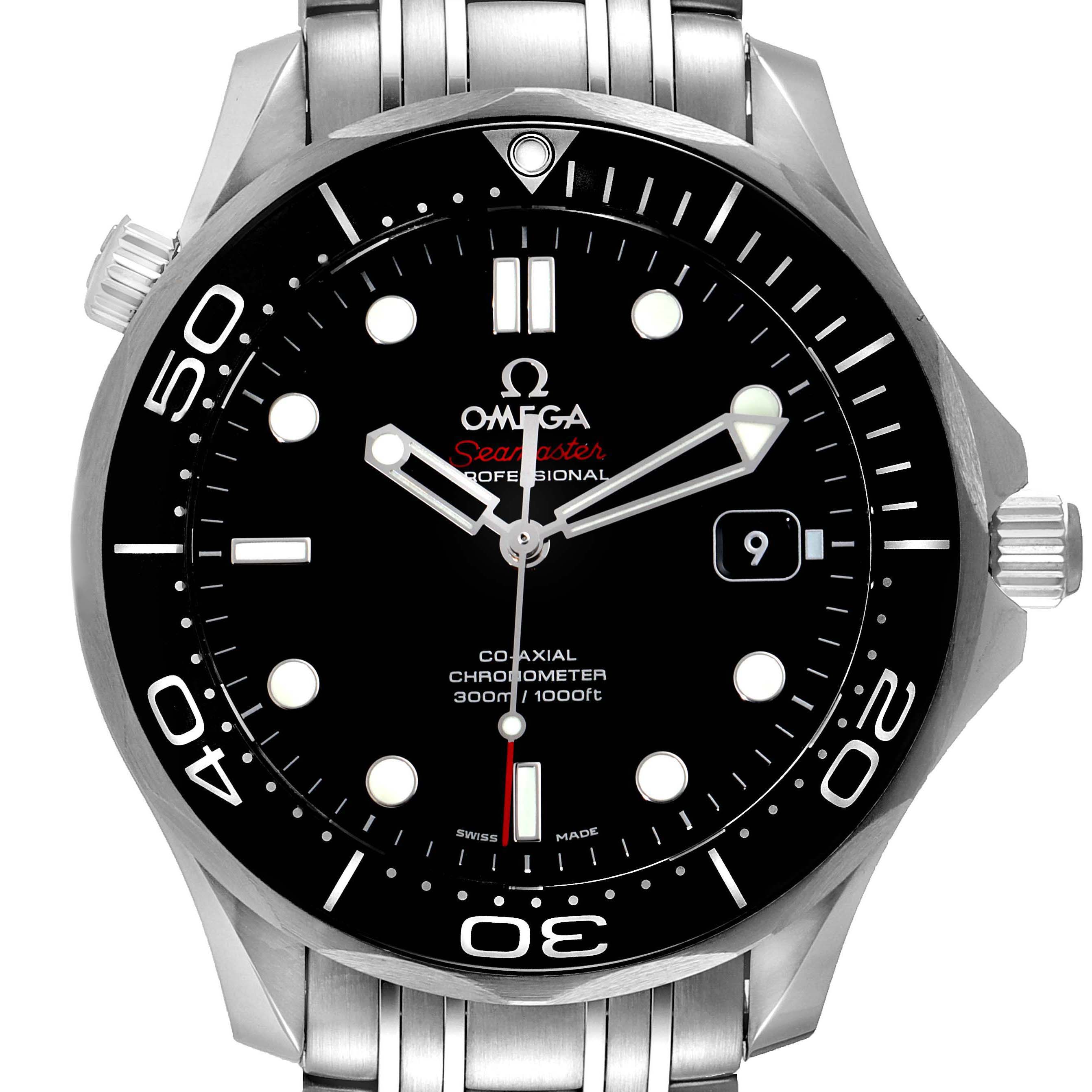 The image shows a front view of the Omega Seamaster 212.30.41.20.01.003 Men's Stainless Steel Black Dial 212.30.41.20.01.003 Men's Stainless Steel Black Dial watch, highlighting the dial, bezel, and part of the bracelet.