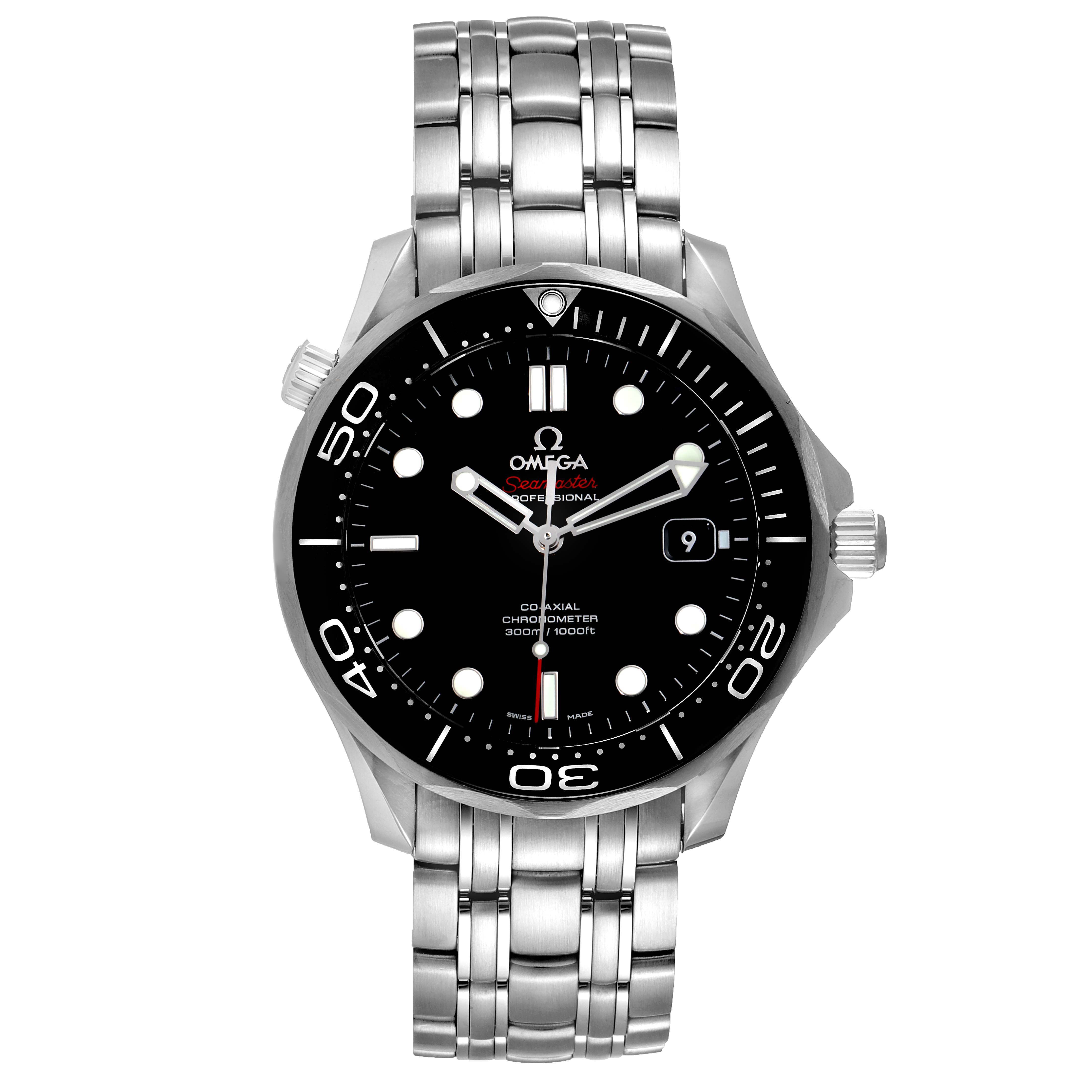 The image shows a straight-on view of the Omega Seamaster 212.30.41.20.01.003 Men's Stainless Steel Black Dial 212.30.41.20.01.003 Men's Stainless Steel Black Dial watch, displaying its face and stainless steel bracelet.