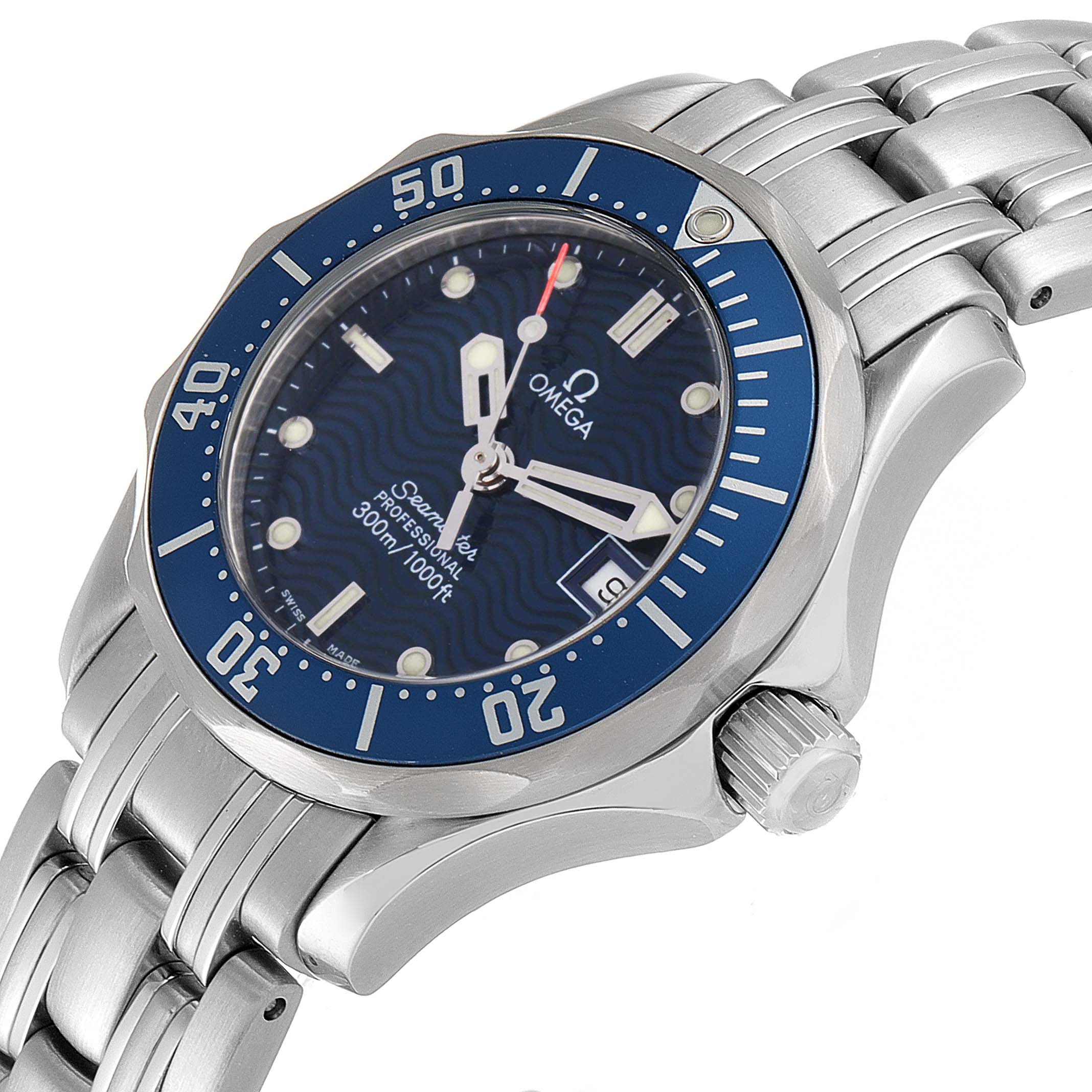 The image shows a close-up of the Omega 2583.80.00 Women's Stainless Steel Blue Dial 2583.80.00 Women's Stainless Steel Blue Dial Seamaster Diver 300M 28mm Steel Ladies Watch 2583.80.00, focusing on the dial, bezel, and crown.