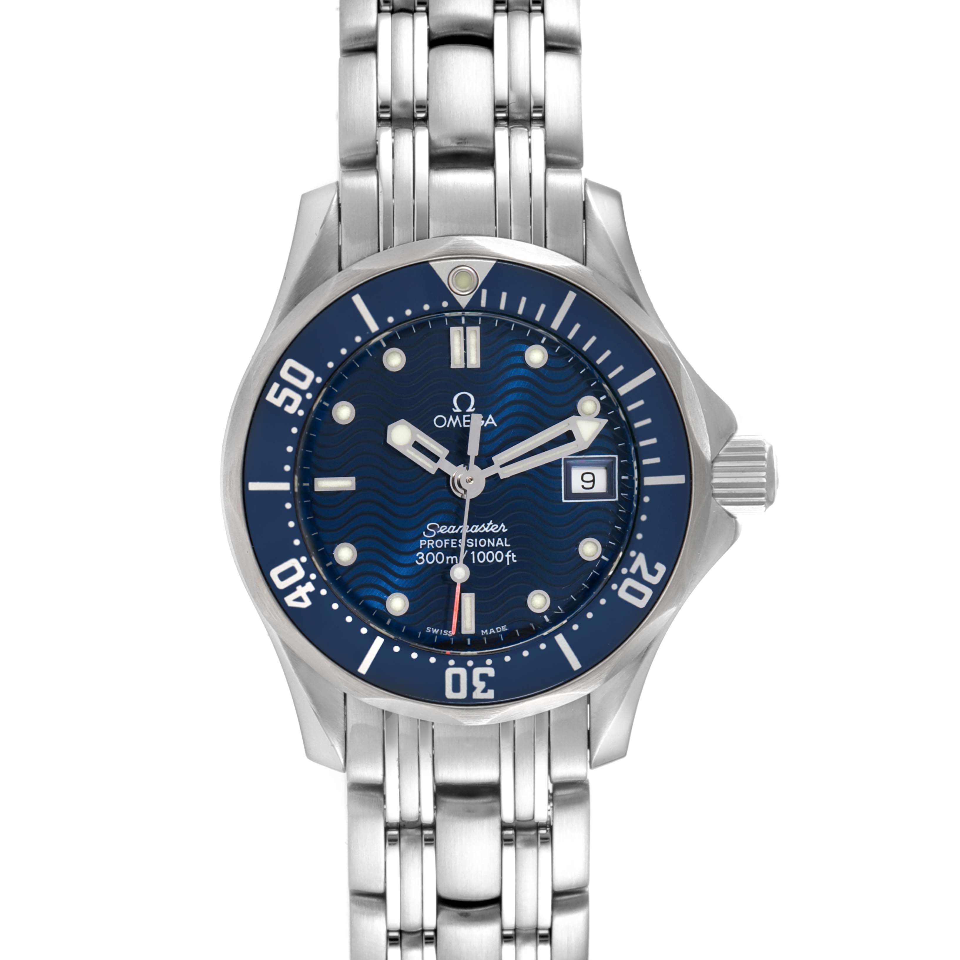 The Omega 2583.80.00 Women's Stainless Steel Blue Dial 2583.80.00 Women's Stainless Steel Blue Dial Seamaster Diver 300M 28mm Steel Ladies Watch 2583.80.00 is shown from a front angle, displaying its blue dial and stainless steel bracelet.