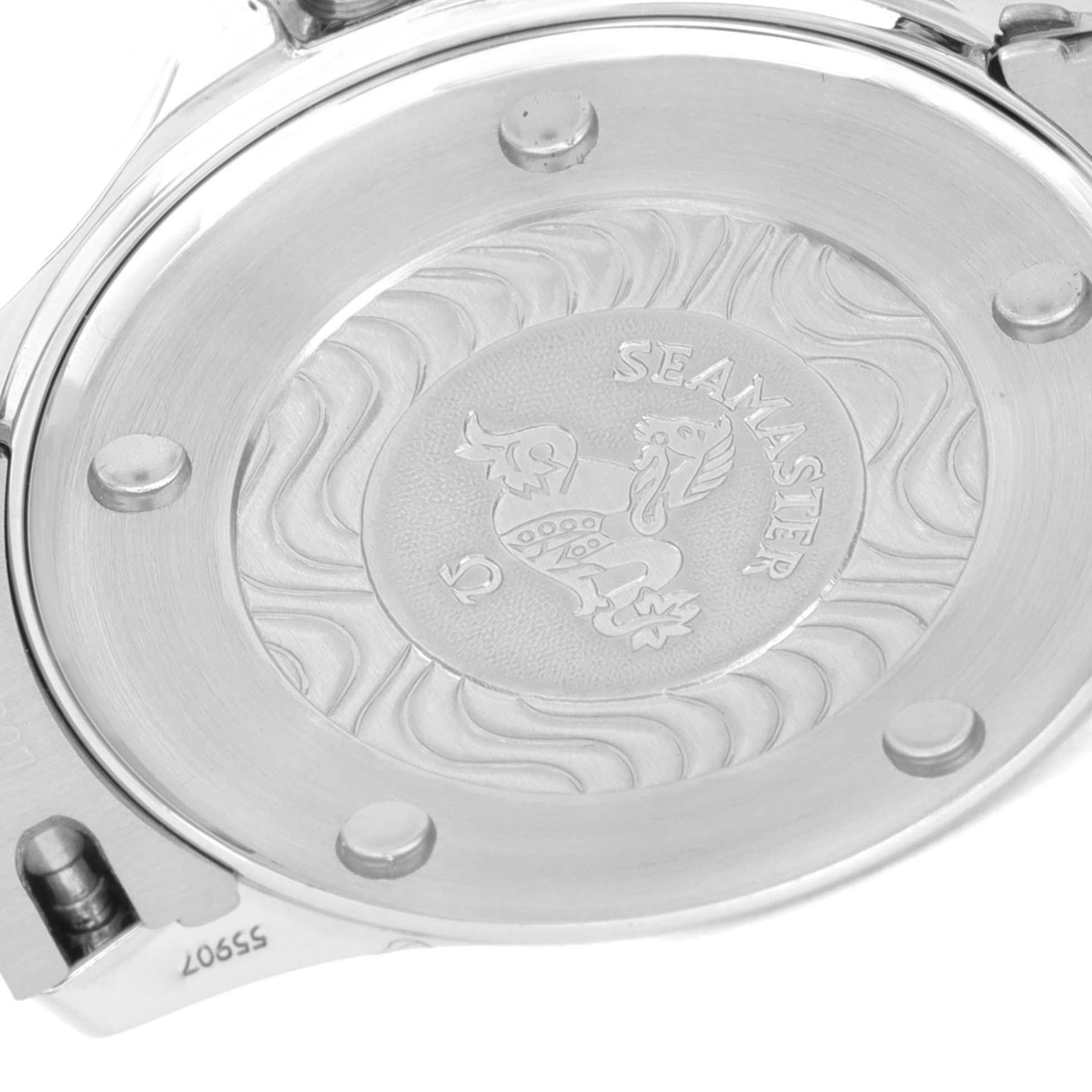 The image shows the case back of an Omega 2583.80.00 Women's Stainless Steel Blue Dial 2583.80.00 Women's Stainless Steel Blue Dial Seamaster Diver 300M 28mm Steel Ladies Watch 2583.80.00 with the Seamaster emblem.