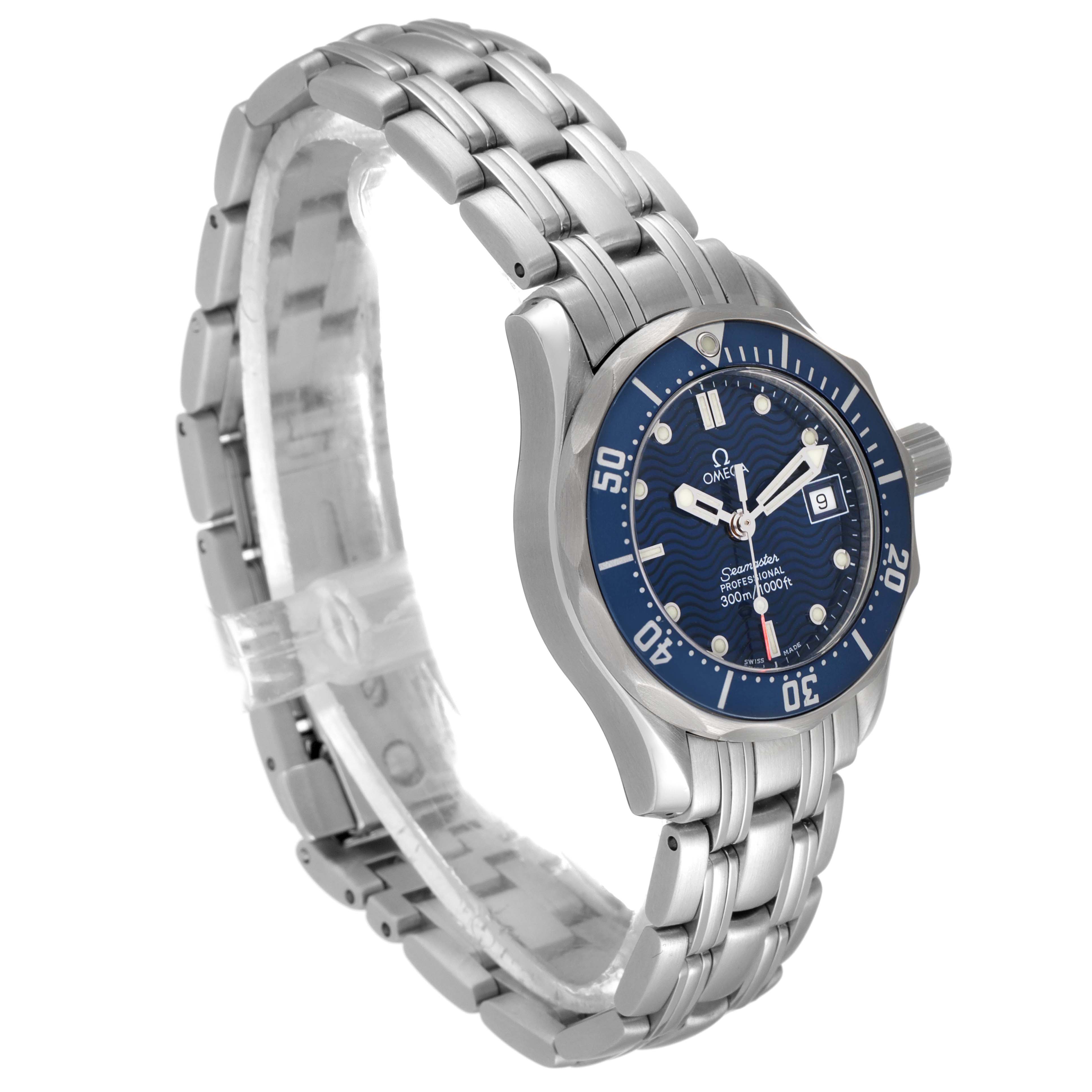 The image shows a side view of an Omega 2583.80.00 Women's Stainless Steel Blue Dial 2583.80.00 Women's Stainless Steel Blue Dial Seamaster Diver 300M 28mm Steel Ladies Watch 2583.80.00, displaying the bracelet, bezel, and dial.