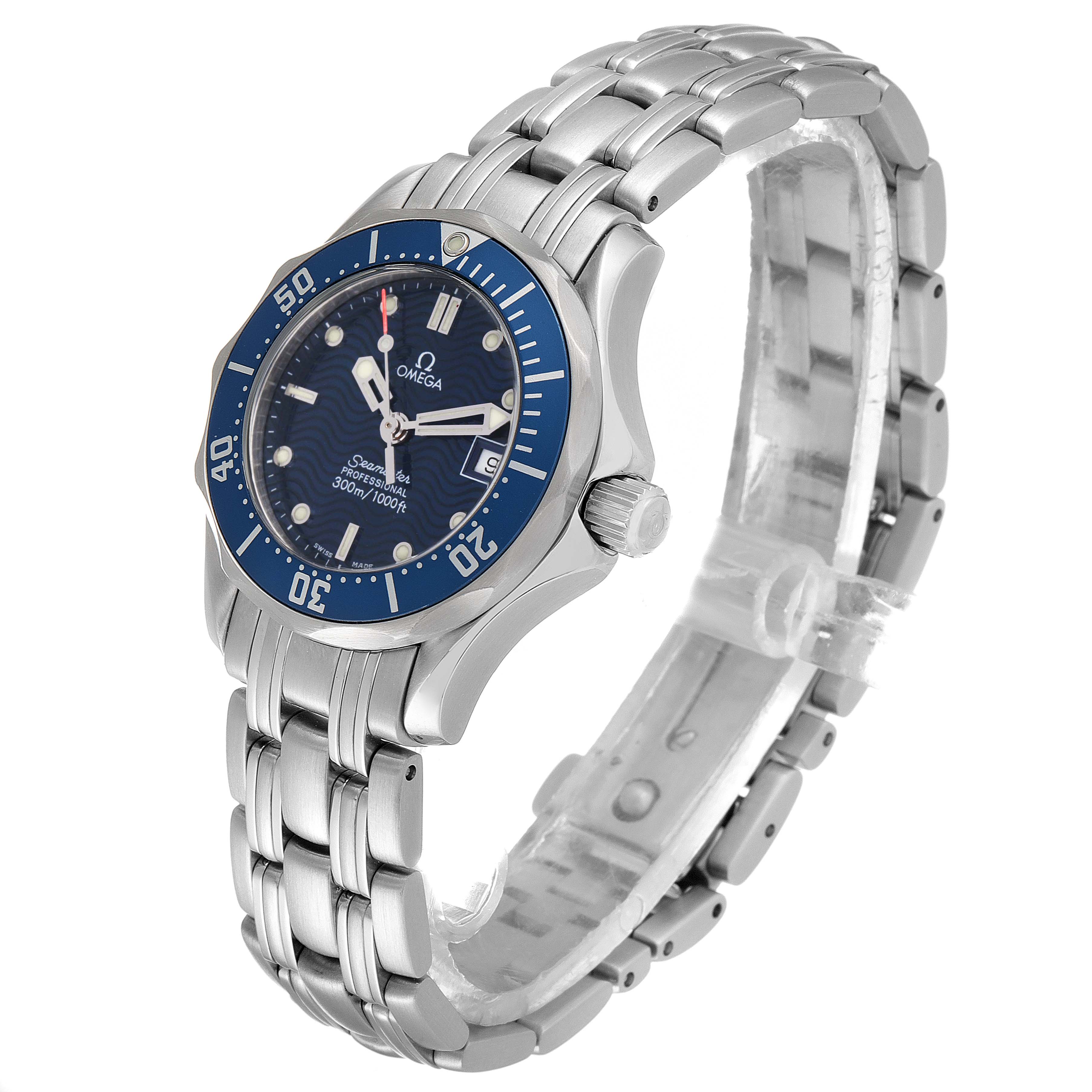 The image shows an Omega 2583.80.00 Women's Stainless Steel Blue Dial 2583.80.00 Women's Stainless Steel Blue Dial Seamaster Diver 300M 28mm Steel Ladies Watch 2583.80.00 at an angled side view, highlighting the dial and bracelet.