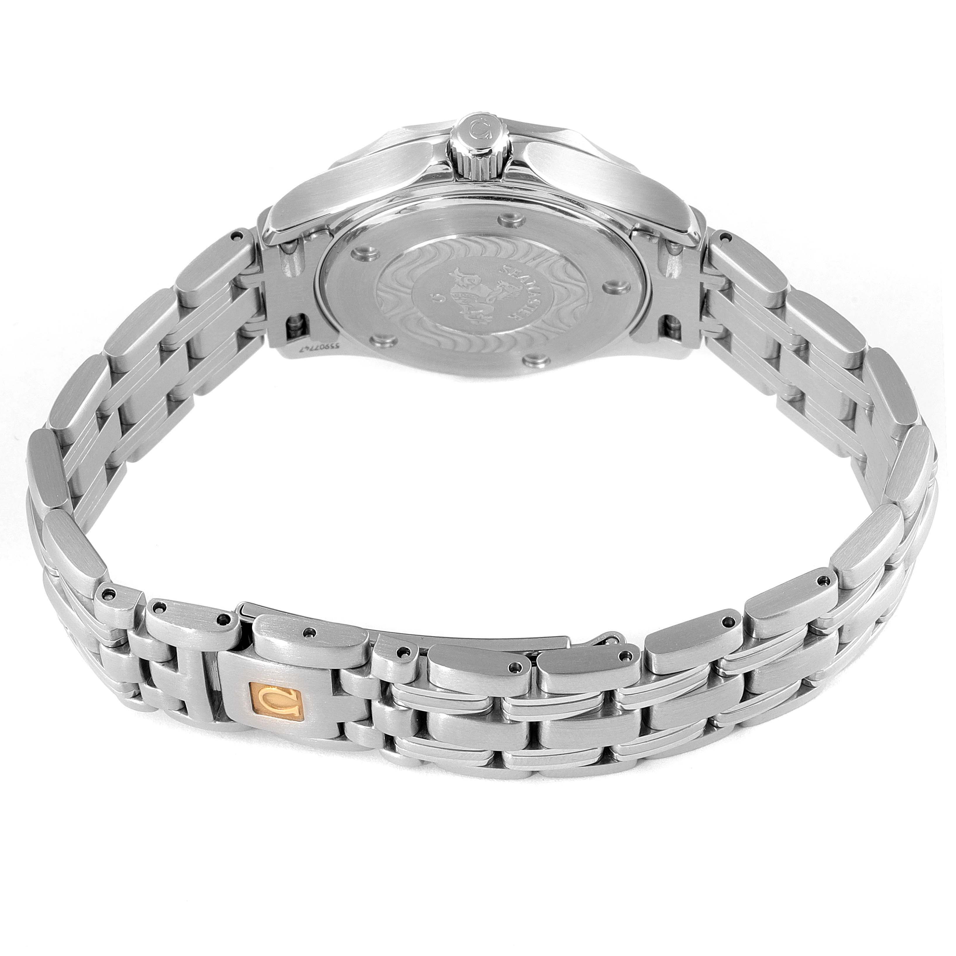 The image displays the back and bracelet of the Omega 2583.80.00 Women's Stainless Steel Blue Dial 2583.80.00 Women's Stainless Steel Blue Dial Seamaster Diver 300M 28mm Steel Ladies Watch 2583.80.00.