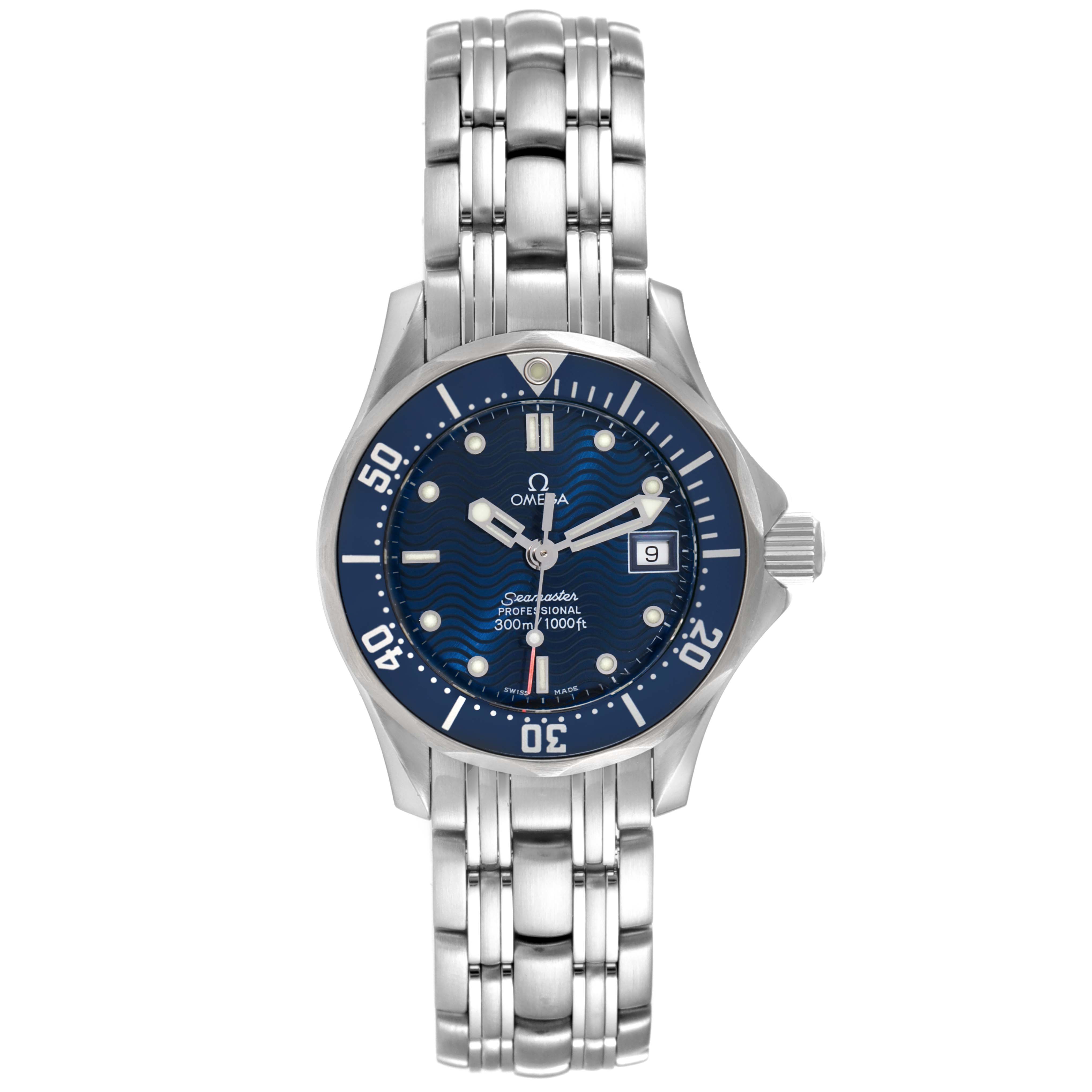 This image shows a frontal view of the Omega 2583.80.00 Women's Stainless Steel Blue Dial 2583.80.00 Women's Stainless Steel Blue Dial Seamaster Diver 300M 28mm Steel Ladies Watch 2583.80.00, displaying its dial and bracelet.