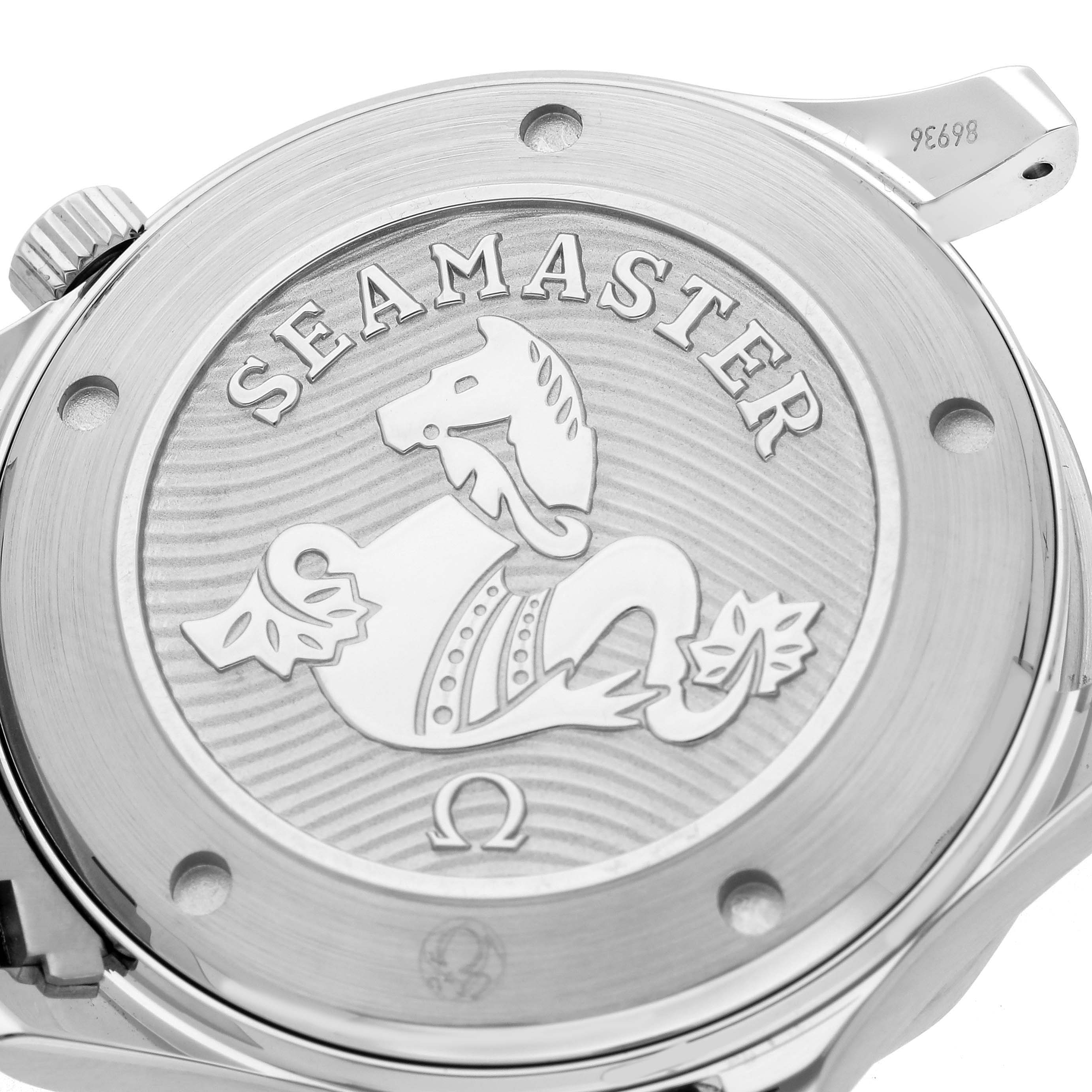 The image shows the back casing of an Omega Seamaster 212.30.41.20.01.003 Men
s Stainless Steel Black Dial 212.30.41.20.01.003 Men
s Stainless Steel Black Dial watch, featuring an embossed design and branding.