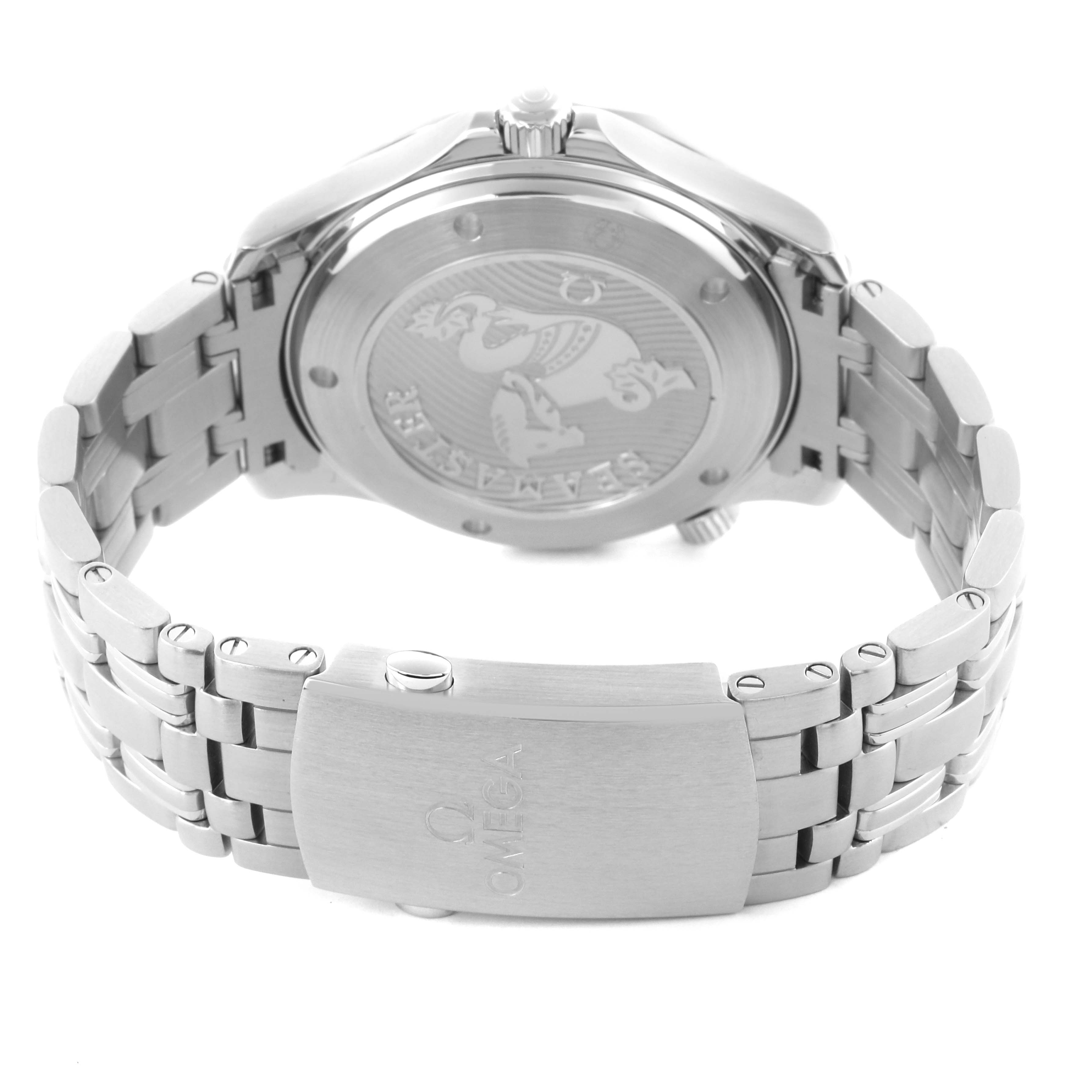 The image shows the back and clasp of an Omega Seamaster 212.30.41.20.01.003 Men
s Stainless Steel Black Dial 212.30.41.20.01.003 Men
s Stainless Steel Black Dial watch, highlighting the bracelet and engraved case back.