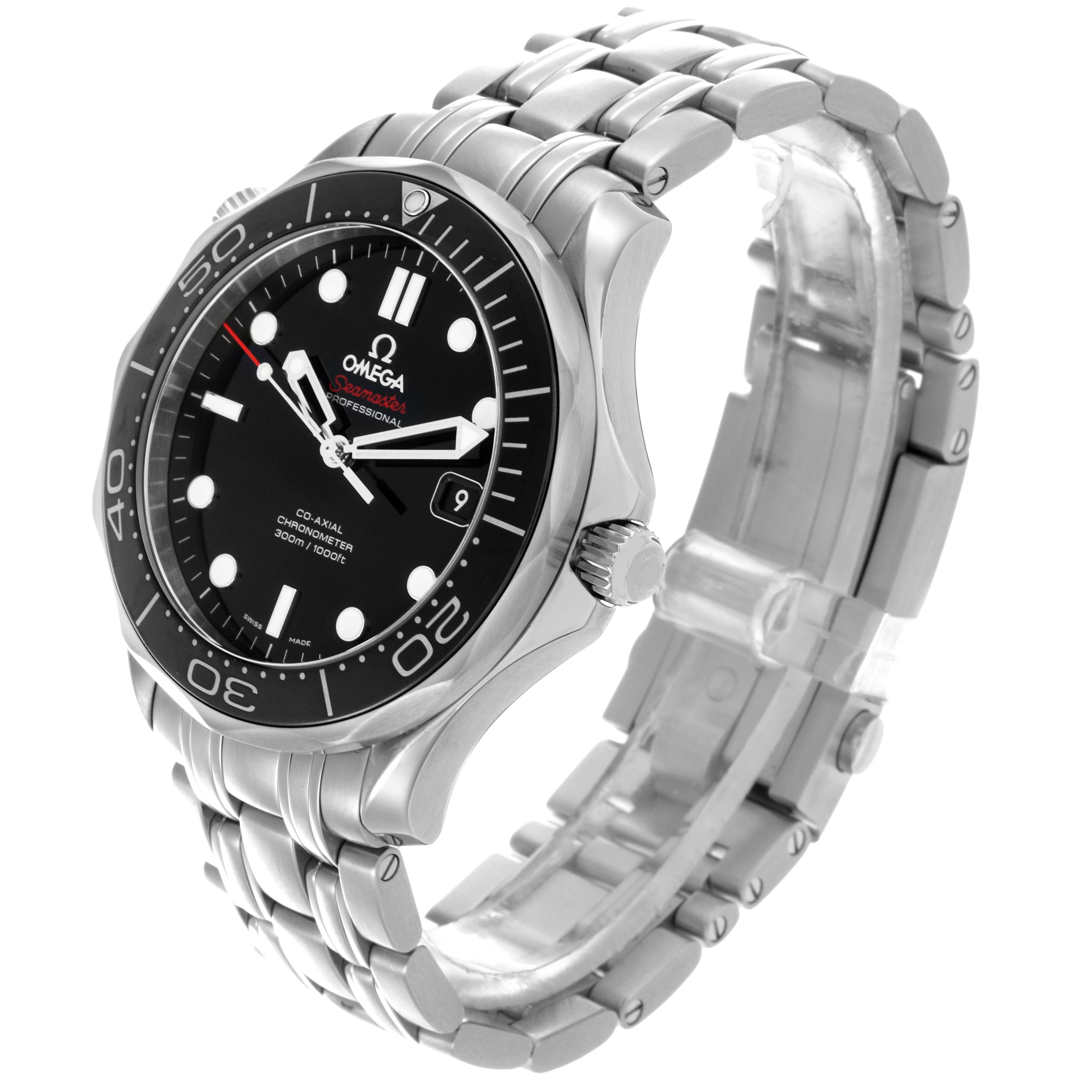 The Omega Seamaster 212.30.41.20.01.003 Men
s Stainless Steel Black Dial 212.30.41.20.01.003 Men
s Stainless Steel Black Dial is shown at an angle highlighting the face, bezel, crown, and part of the bracelet.