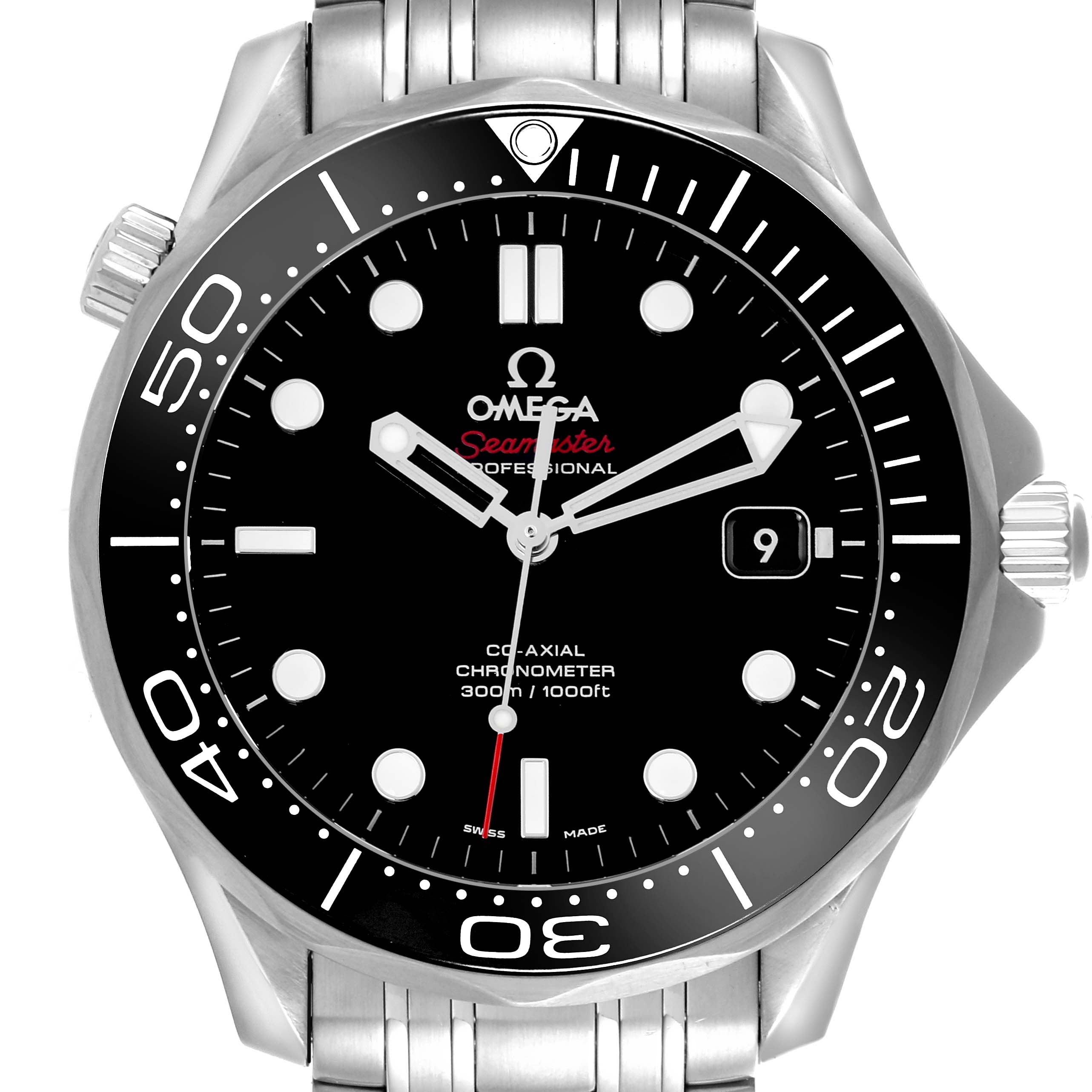 The Omega Seamaster 212.30.41.20.01.003 Men
s Stainless Steel Black Dial 212.30.41.20.01.003 Men
s Stainless Steel Black Dial watch is shown from a front angle, highlighting the dial, bezel, and bracelet.