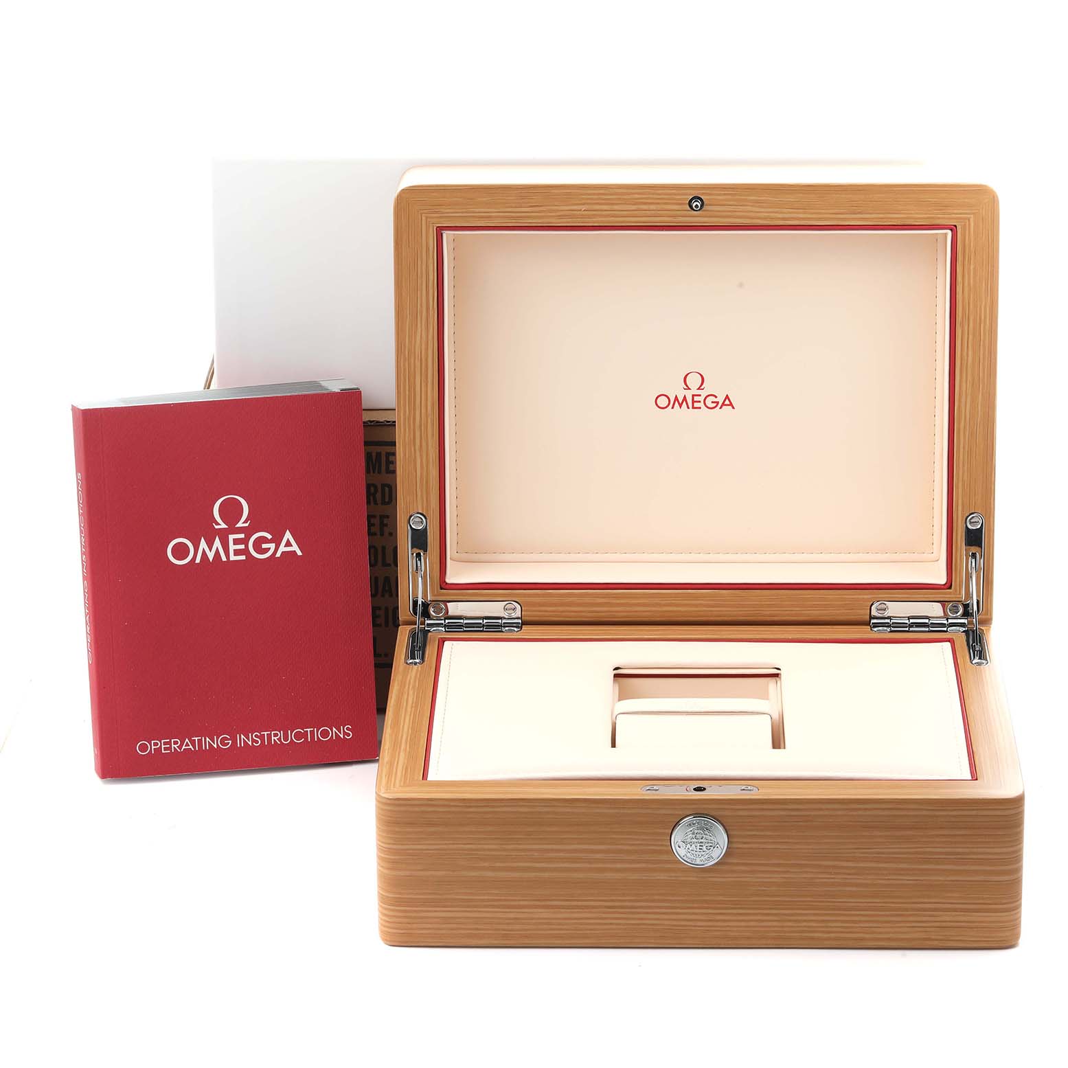 The image shows an Omega Seamaster 212.30.41.20.01.003 Men
s Stainless Steel Black Dial 212.30.41.20.01.003 Men
s Stainless Steel Black Dial wooden watch box and an operating instructions booklet.