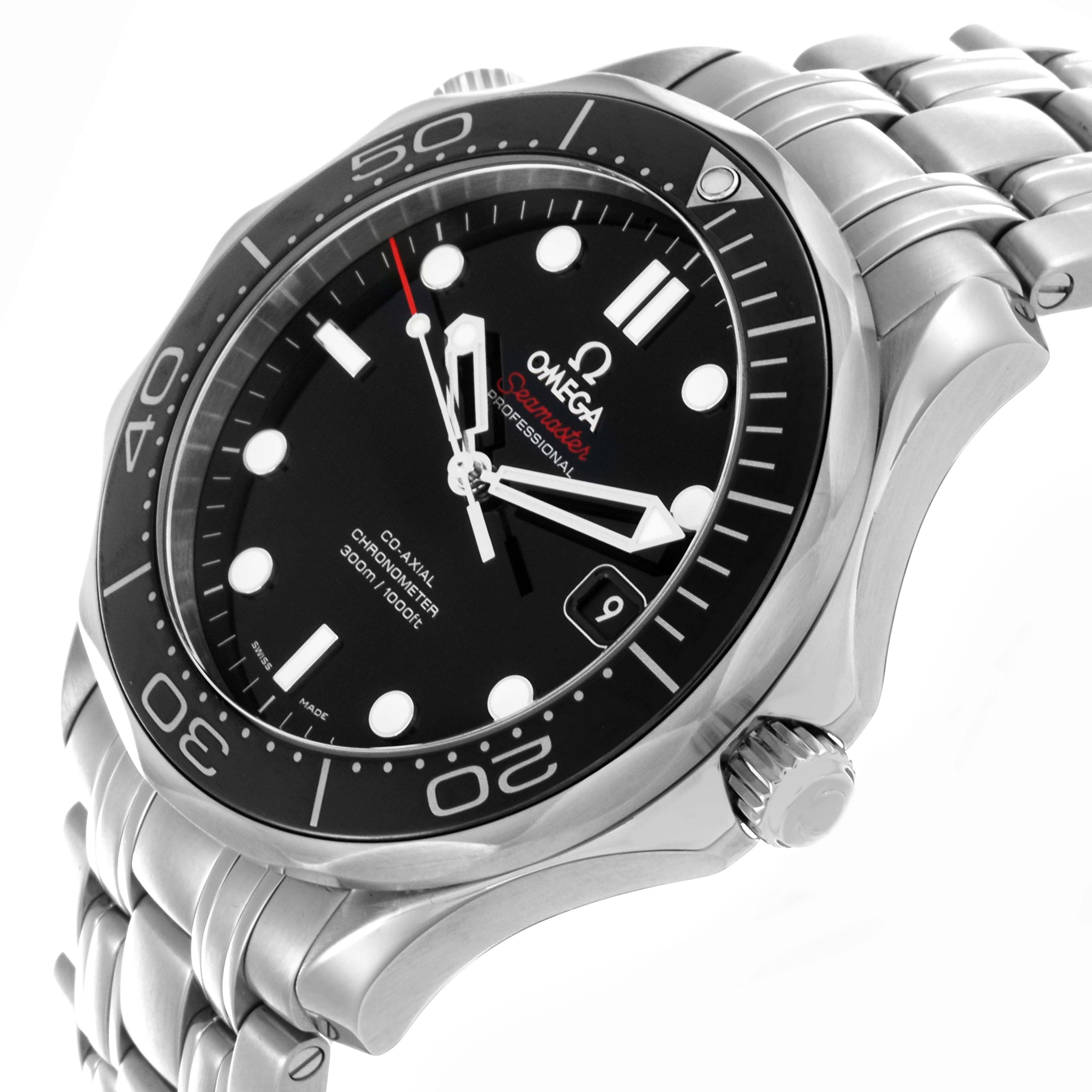 The Omega Seamaster 212.30.41.20.01.003 Men
s Stainless Steel Black Dial 212.30.41.20.01.003 Men
s Stainless Steel Black Dial watch is shown at an angle displaying the face, bezel, crown, bracelet, and a side view of the case.