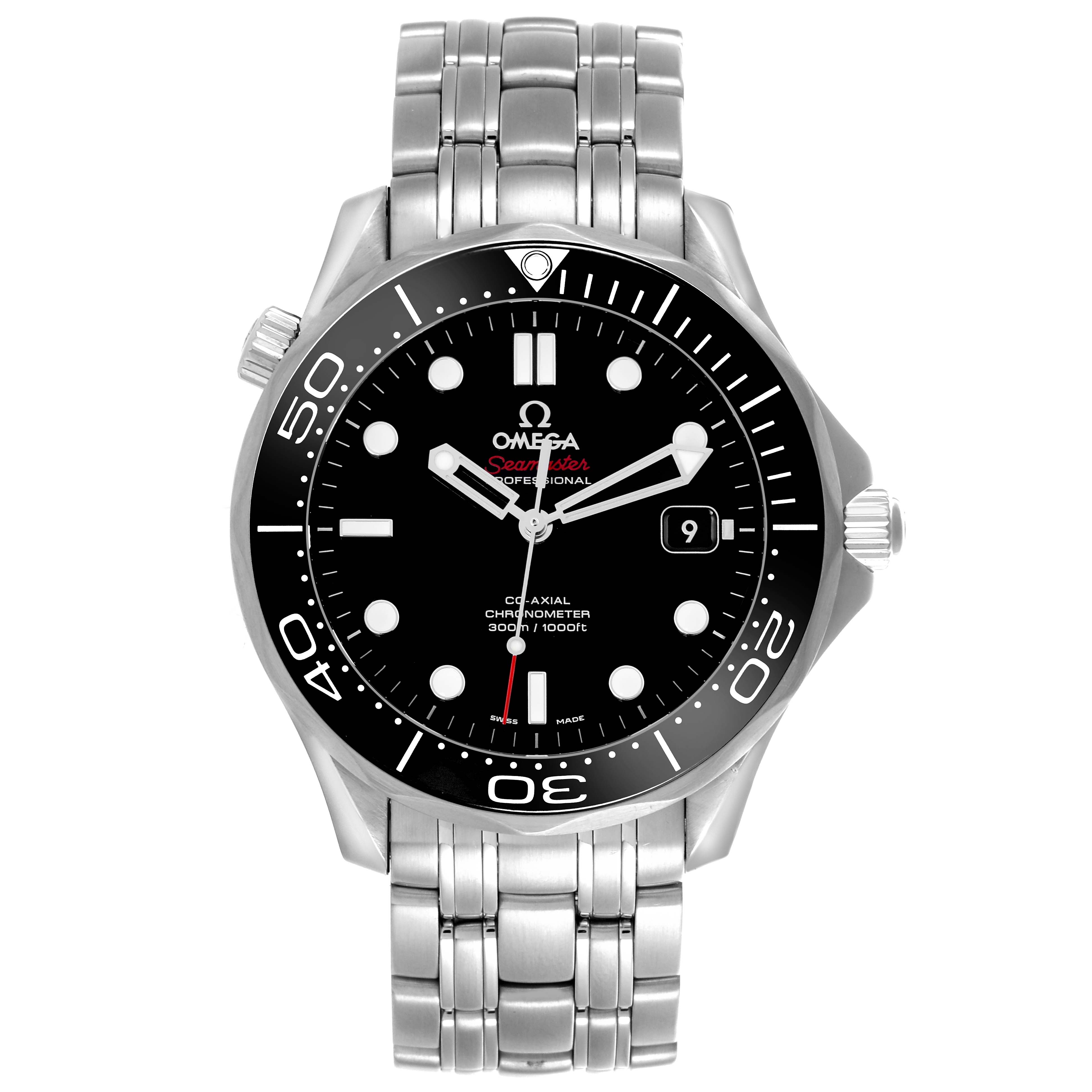 The Omega Seamaster 212.30.41.20.01.003 Men
s Stainless Steel Black Dial 212.30.41.20.01.003 Men
s Stainless Steel Black Dial watch is shown from the front, highlighting the dial, bezel, and bracelet.