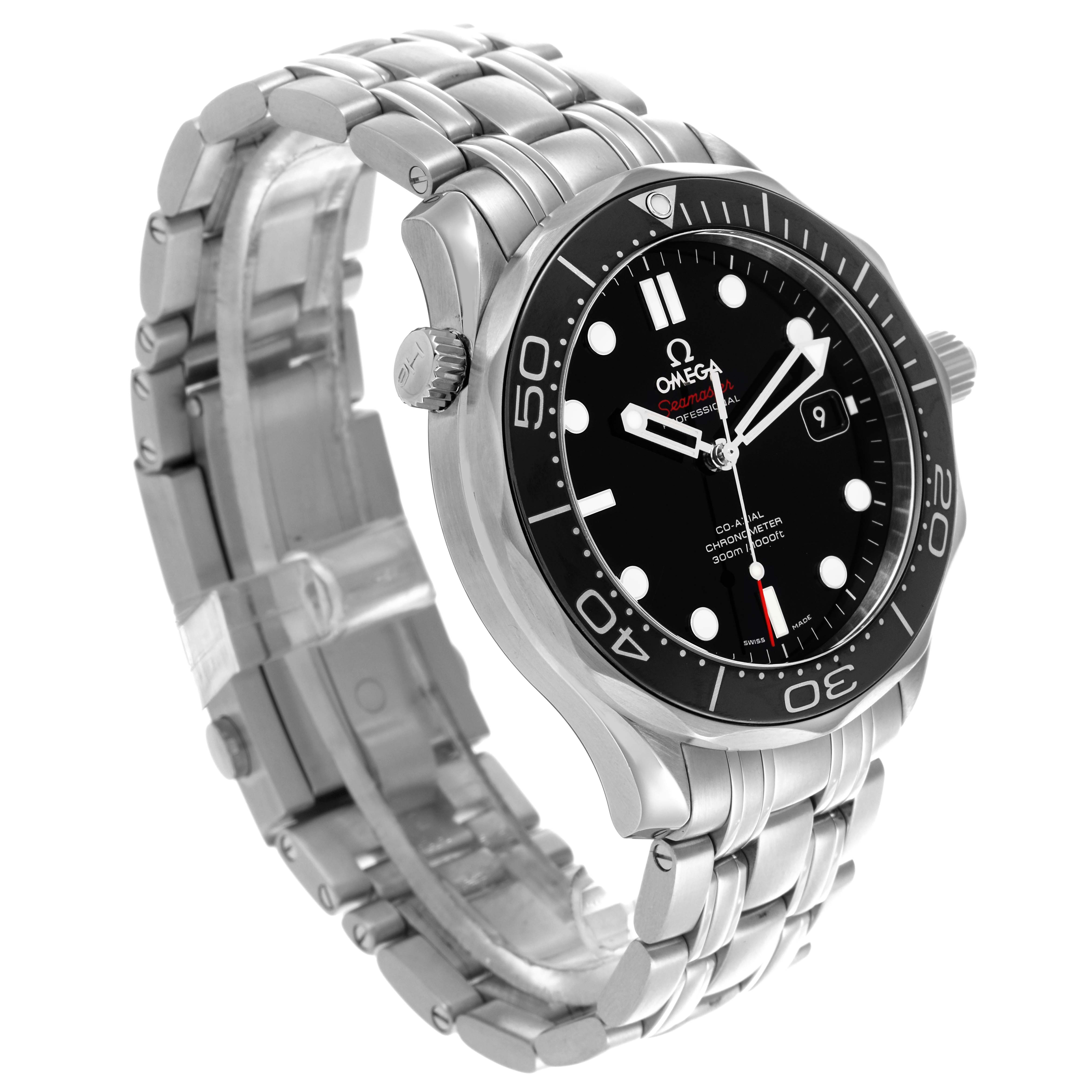 The Omega Seamaster 212.30.41.20.01.003 Men
s Stainless Steel Black Dial 212.30.41.20.01.003 Men
s Stainless Steel Black Dial is shown at a three-quarter angle, highlighting the dial, bezel, and bracelet.