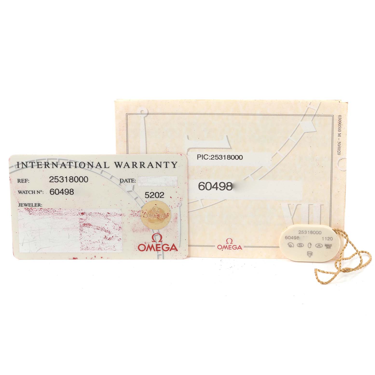 The image shows the international warranty card, paperwork, and tag for the Omega Seamaster 2531.80.00 Men's Stainless Steel Blue Dial 2531.80.00 Men's Stainless Steel Blue Dial model.