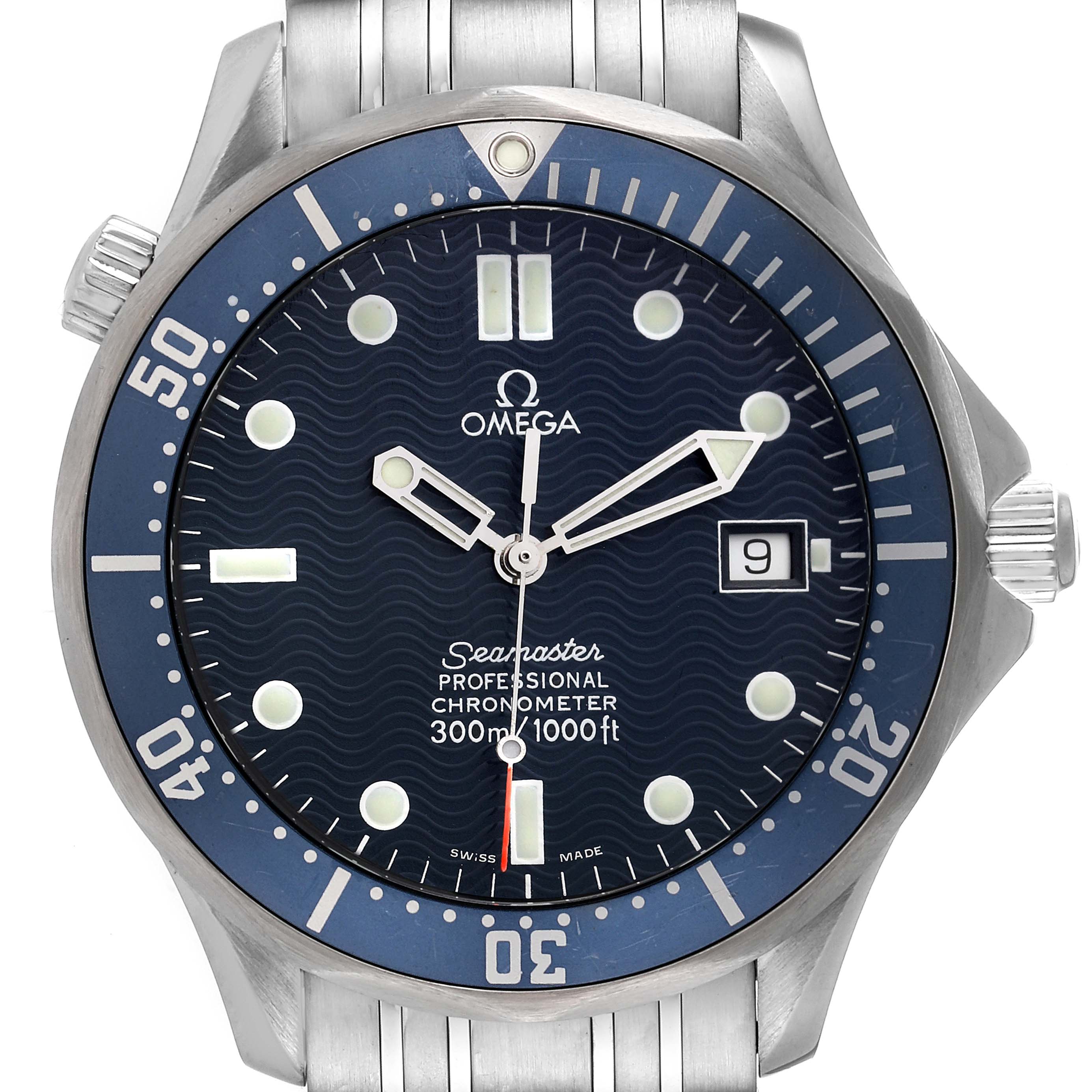 This image shows the face, bezel, and part of the bracelet of the Omega Seamaster 2531.80.00 Men's Stainless Steel Blue Dial 2531.80.00 Men's Stainless Steel Blue Dial watch model from a front angle.