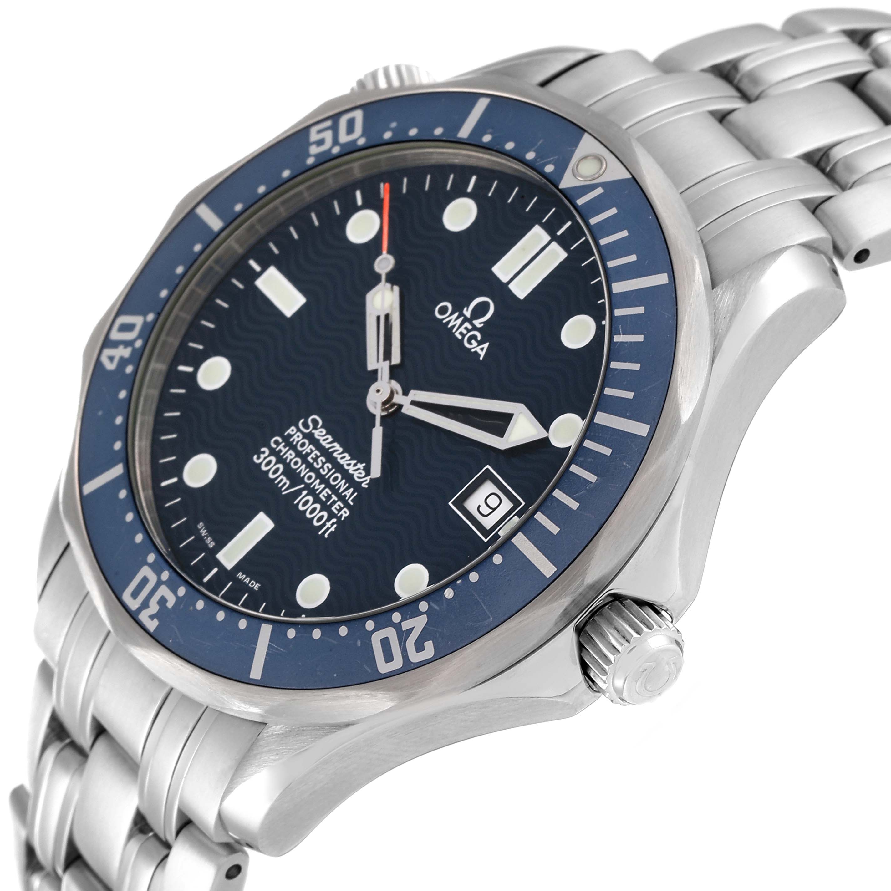 The image shows an angled view of the Omega Seamaster 2531.80.00 Men's Stainless Steel Blue Dial 2531.80.00 Men's Stainless Steel Blue Dial watch displaying the face, bezel, and part of the bracelet.