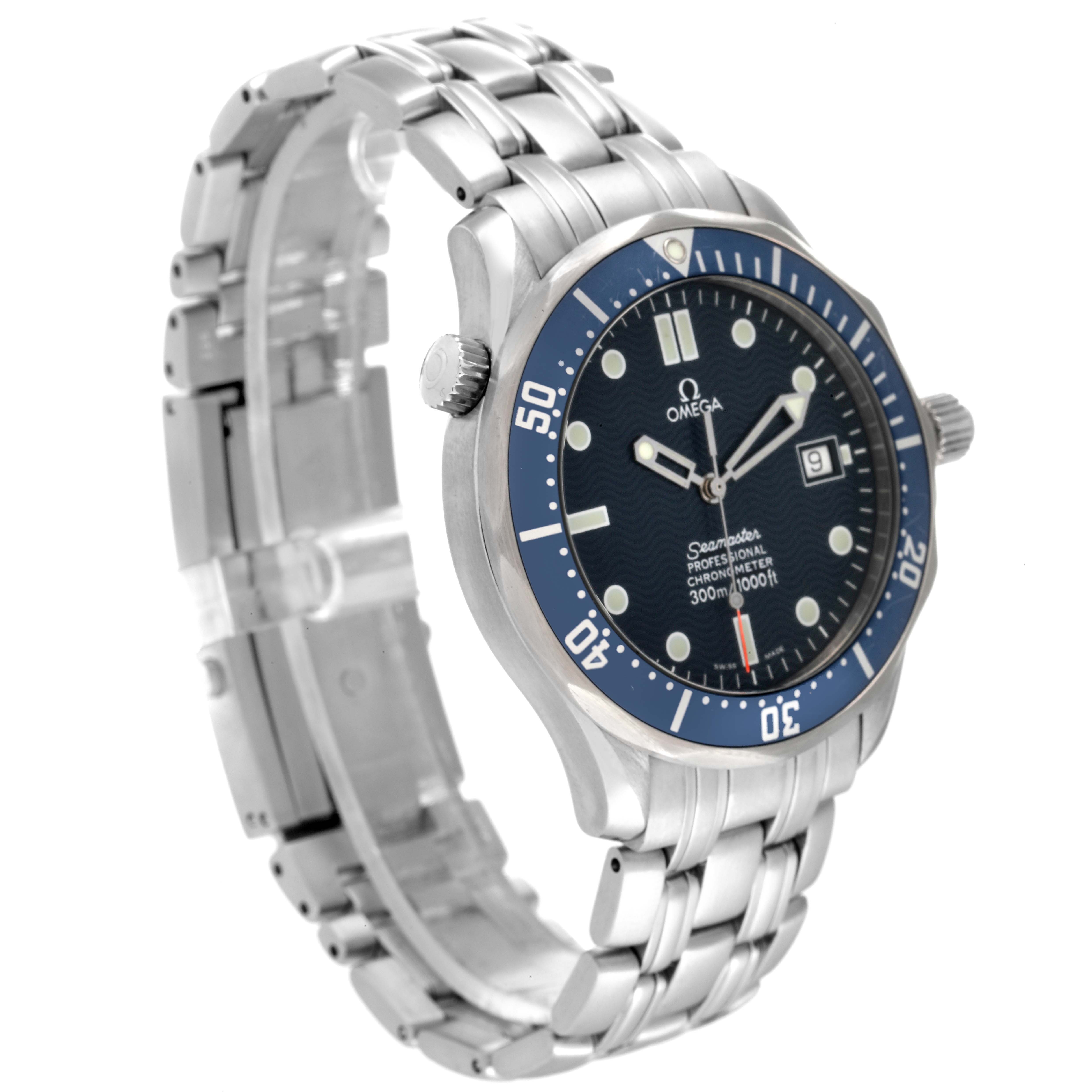 The image shows an angled side view of the Omega Seamaster 2531.80.00 Men's Stainless Steel Blue Dial 2531.80.00 Men's Stainless Steel Blue Dial watch, focusing on its face, bezel, and bracelet.