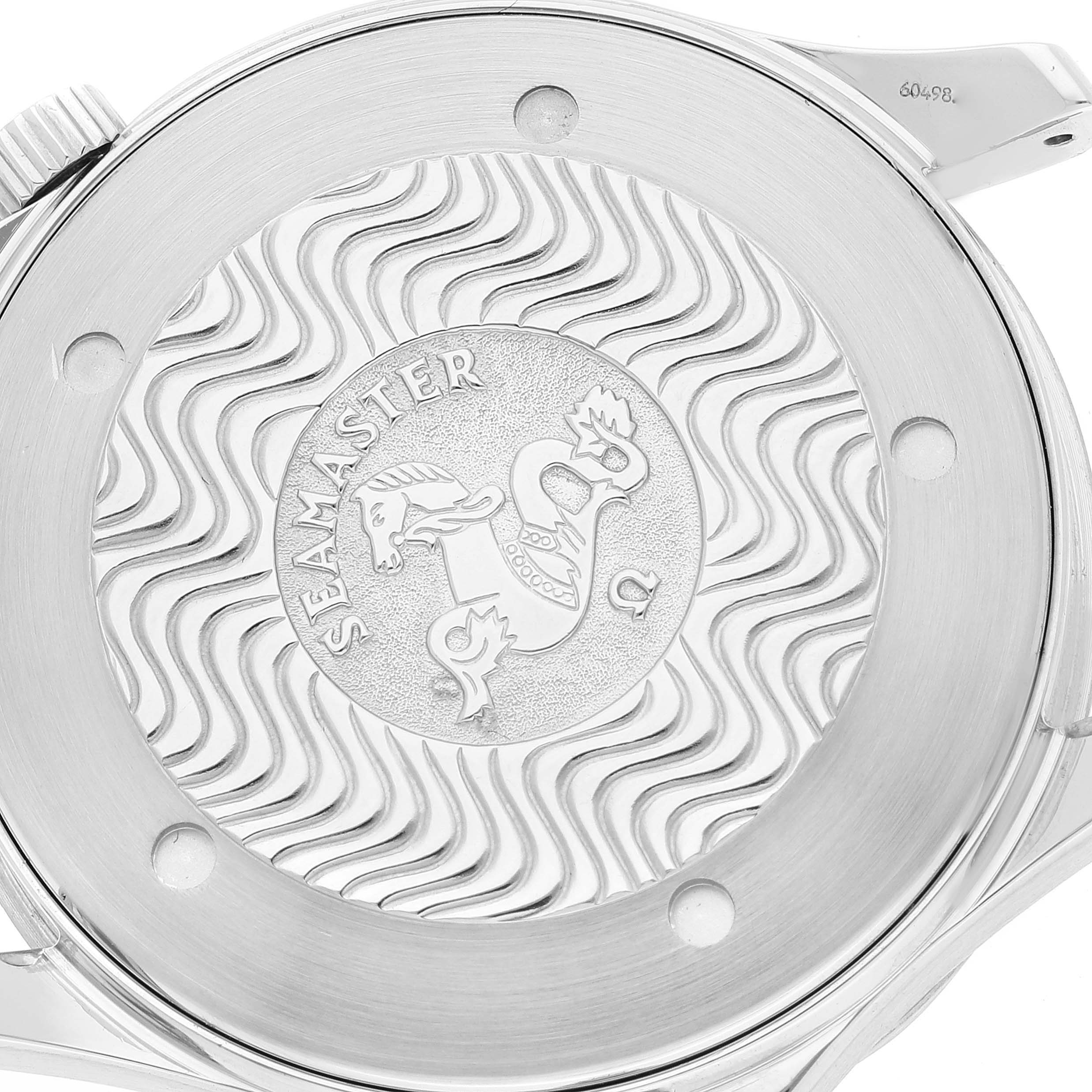 The image shows the case back of an Omega Seamaster 2531.80.00 Men's Stainless Steel Blue Dial 2531.80.00 Men's Stainless Steel Blue Dial watch, featuring its engraved logo.