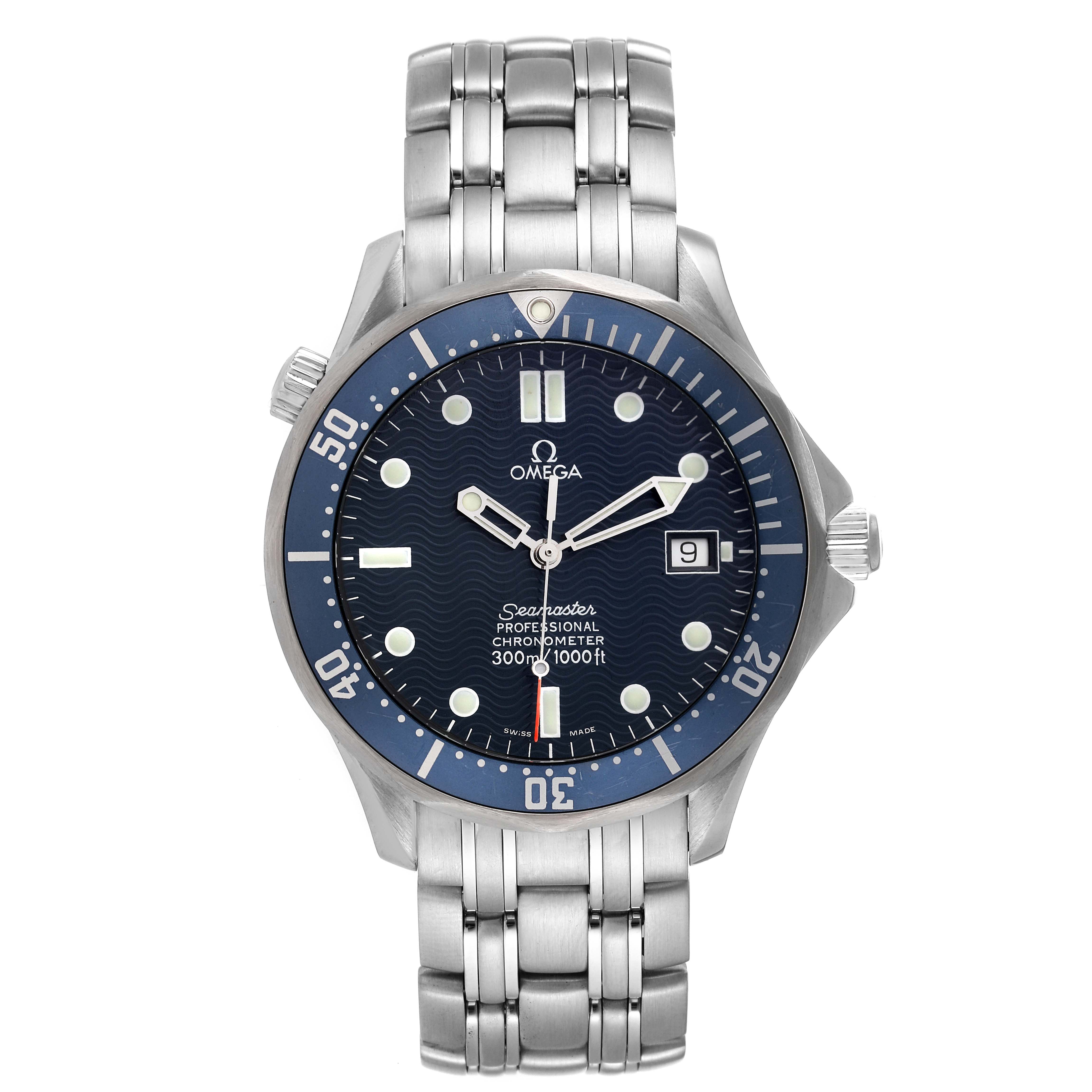 The image shows a front view of the Omega Seamaster 2531.80.00 Men's Stainless Steel Blue Dial 2531.80.00 Men's Stainless Steel Blue Dial watch, displaying the dial, bezel, bracelet, and crown.