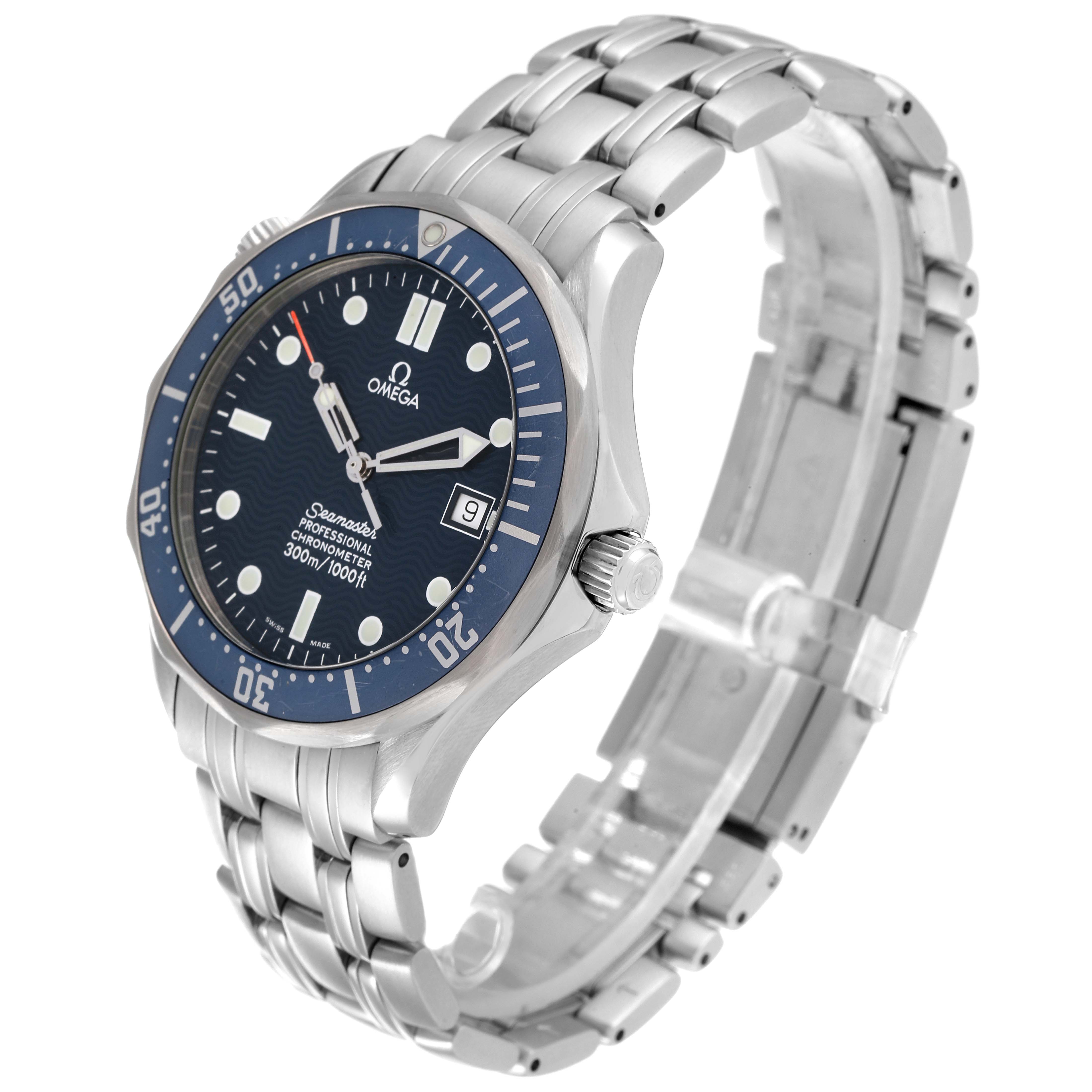 This Omega Seamaster 2531.80.00 Men's Stainless Steel Blue Dial 2531.80.00 Men's Stainless Steel Blue Dial watch is shown at a three-quarter angle, highlighting its face, bezel, and metal bracelet.