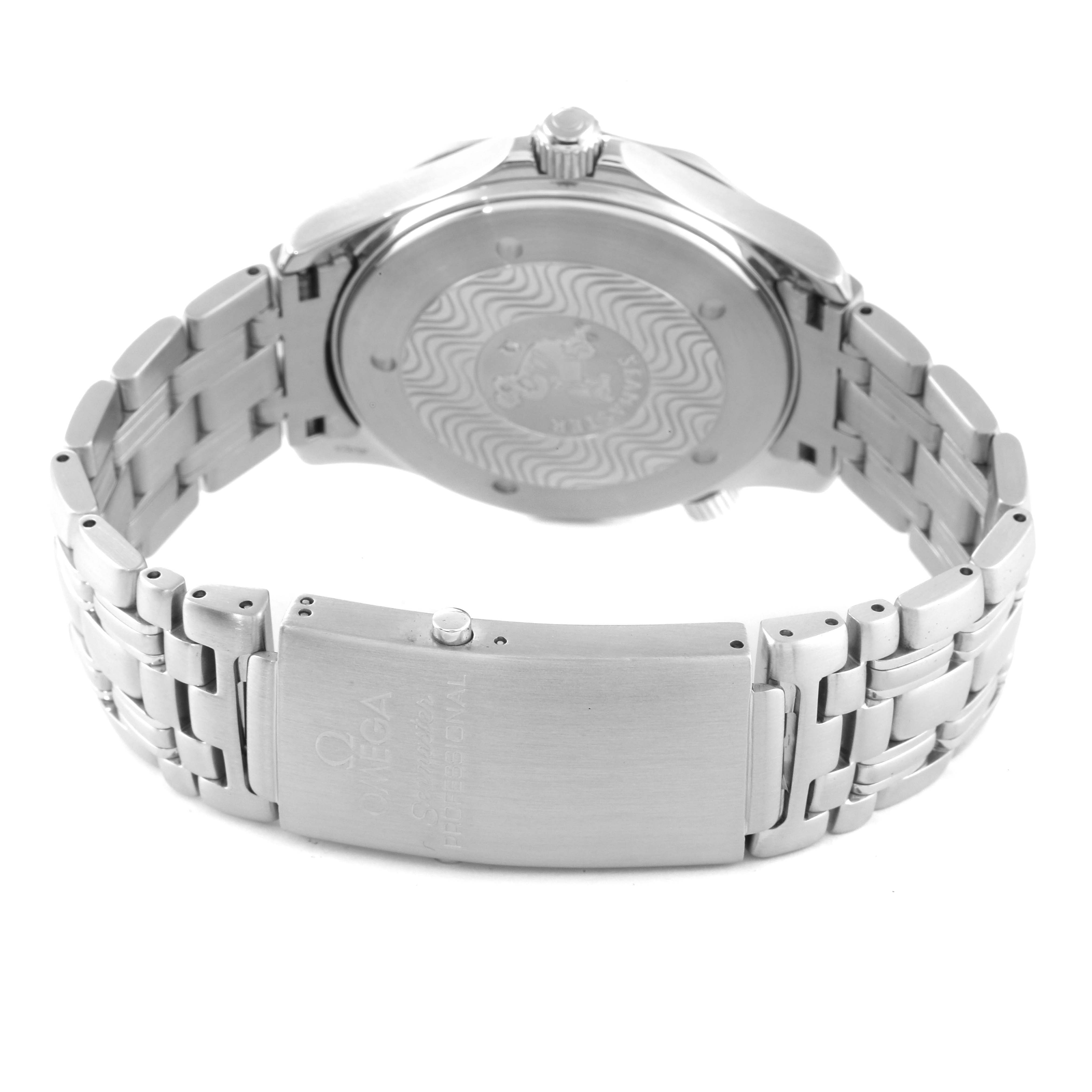 The image shows the backside and bracelet clasp of an Omega Seamaster 2531.80.00 Men's Stainless Steel Blue Dial 2531.80.00 Men's Stainless Steel Blue Dial watch at an angle highlighting the case back and stainless steel bracelet.