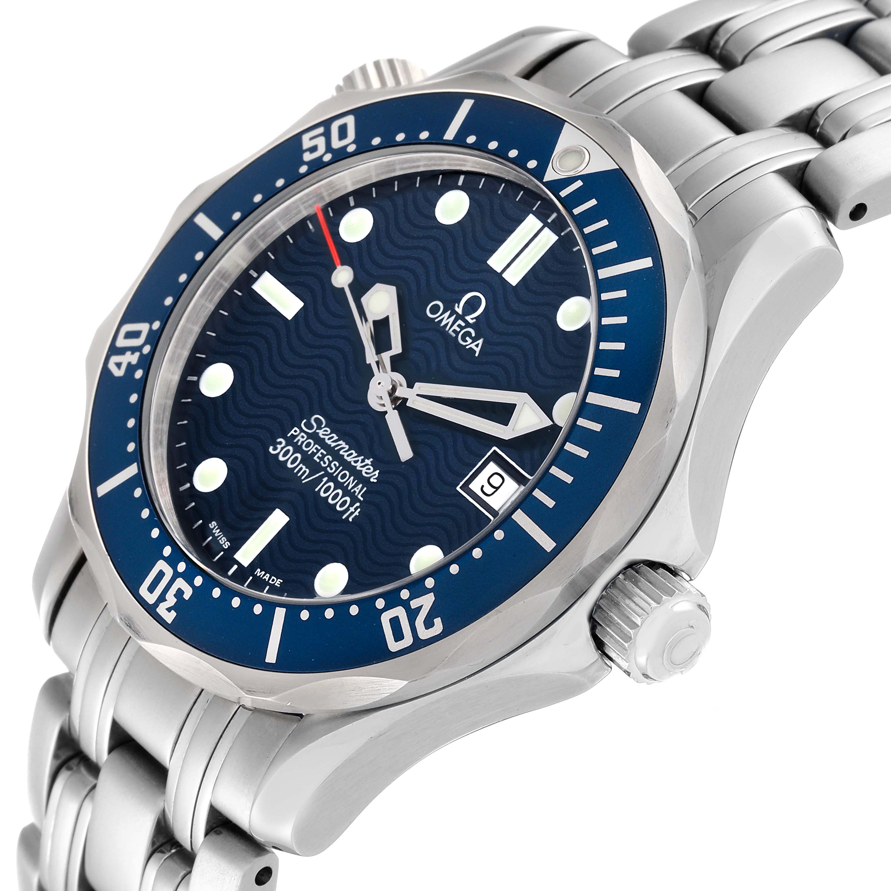 The image shows an Omega Seamaster 2561.80.00 Men
s Stainless Steel Blue Dial 2561.80.00 Men
s Stainless Steel Blue Dial watch at an angle highlighting the face, bezel, crown, and part of the bracelet.