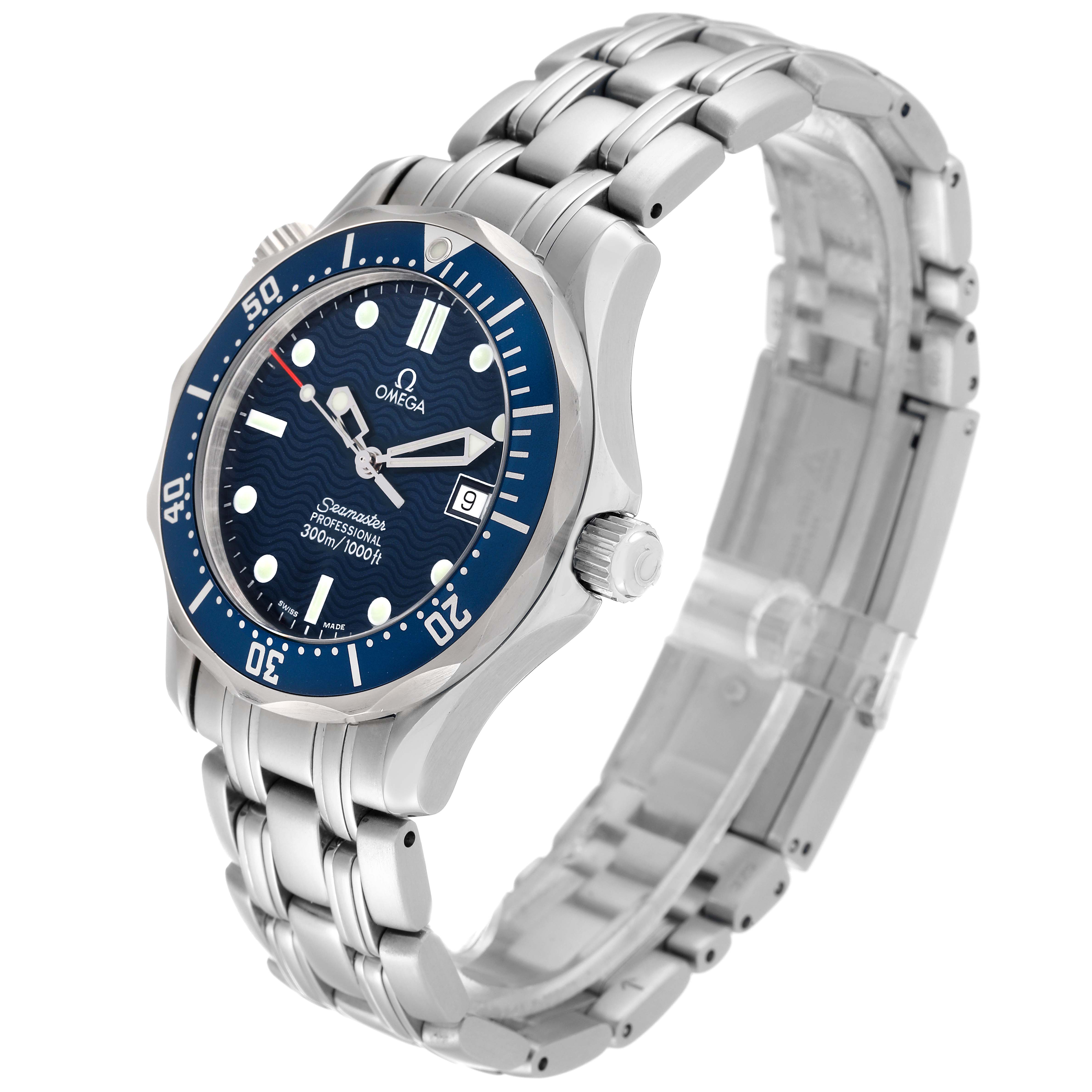 The Omega Seamaster 2561.80.00 Men
s Stainless Steel Blue Dial 2561.80.00 Men
s Stainless Steel Blue Dial watch is shown at a three-quarter angle, highlighting its dial, bezel, crown, and stainless steel bracelet.