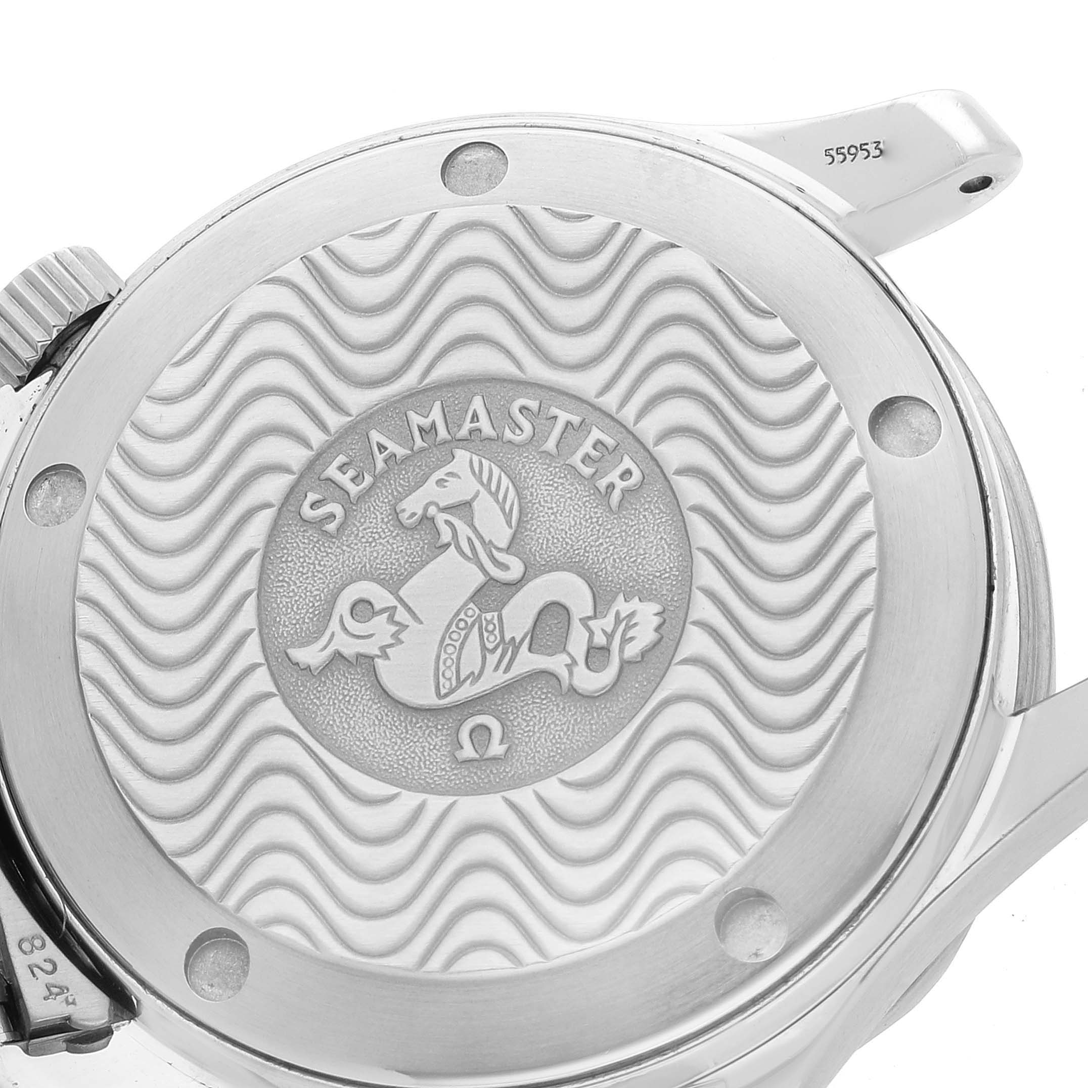 The image shows the case back of the Omega Seamaster 2561.80.00 Men
s Stainless Steel Blue Dial 2561.80.00 Men
s Stainless Steel Blue Dial watch, featuring the logo and wave pattern.