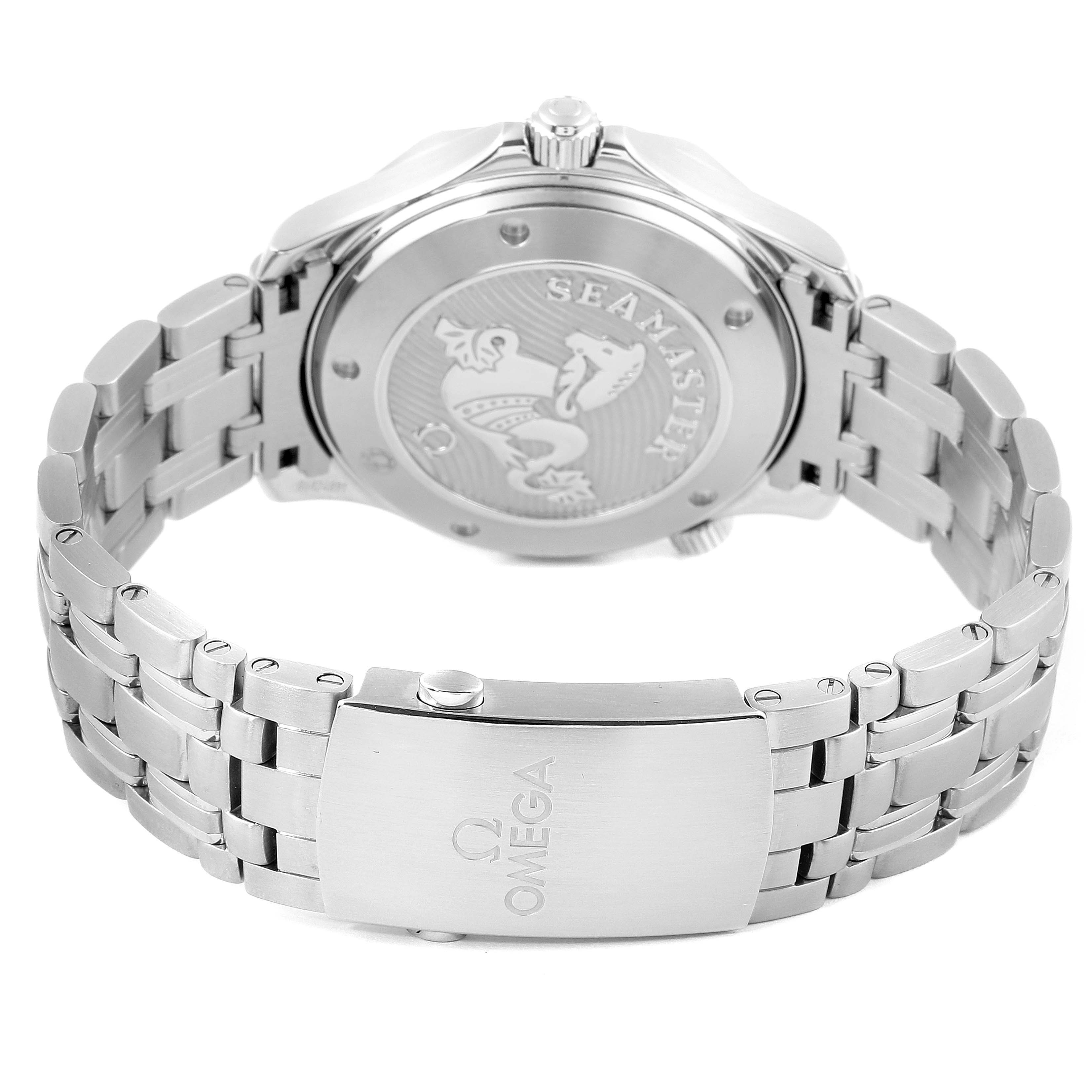 The image shows the back and clasp of the Omega Seamaster 212.30.41.20.03.001 Men's Stainless Steel Blue Dial 212.30.41.20.03.001 Men's Stainless Steel Blue Dial watch, highlighting the engraved case back and stainless steel bracelet.