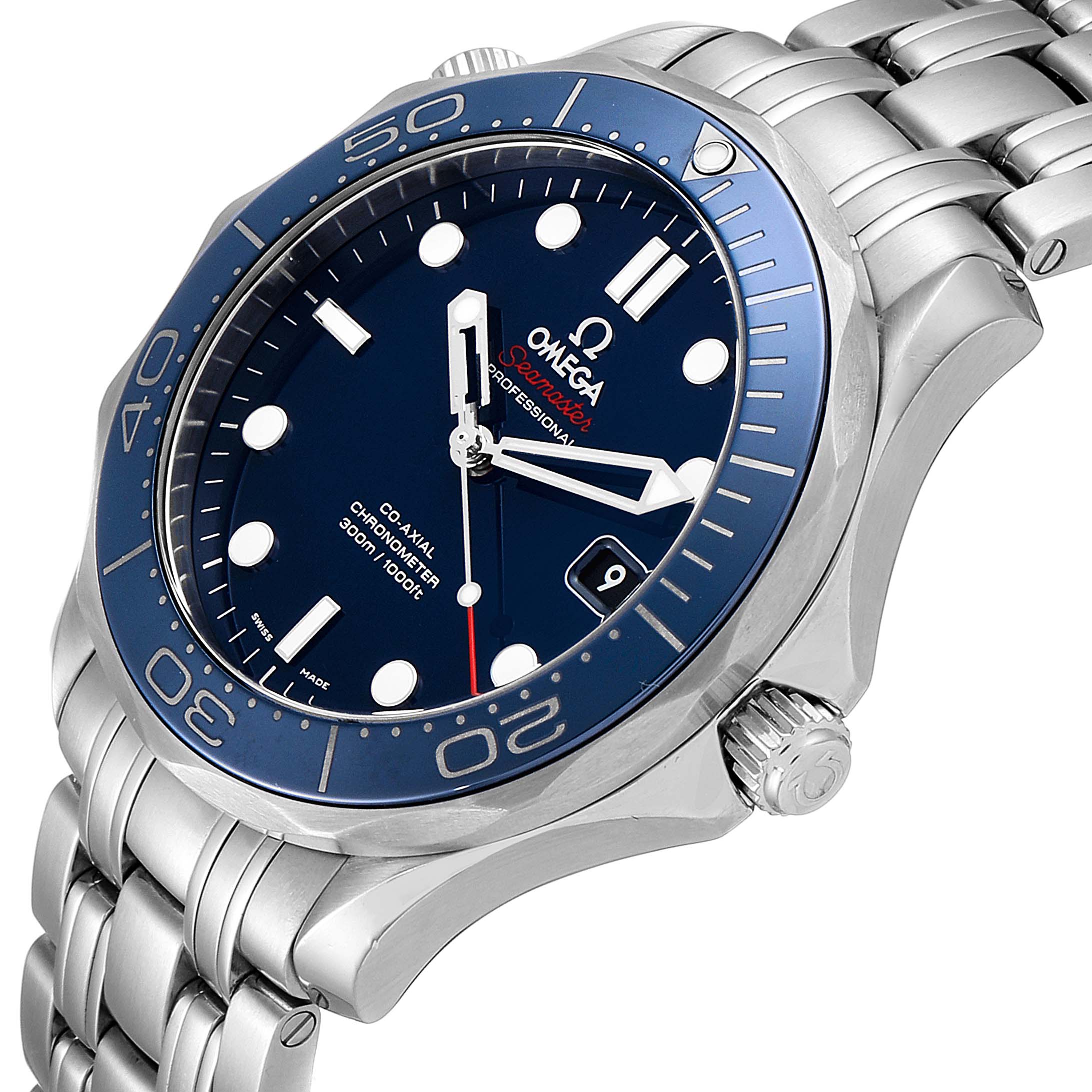 The Omega Seamaster 212.30.41.20.03.001 Men's Stainless Steel Blue Dial 212.30.41.20.03.001 Men's Stainless Steel Blue Dial watch is shown at a three-quarter angle highlighting the dial, bezel, crown, and part of the bracelet.