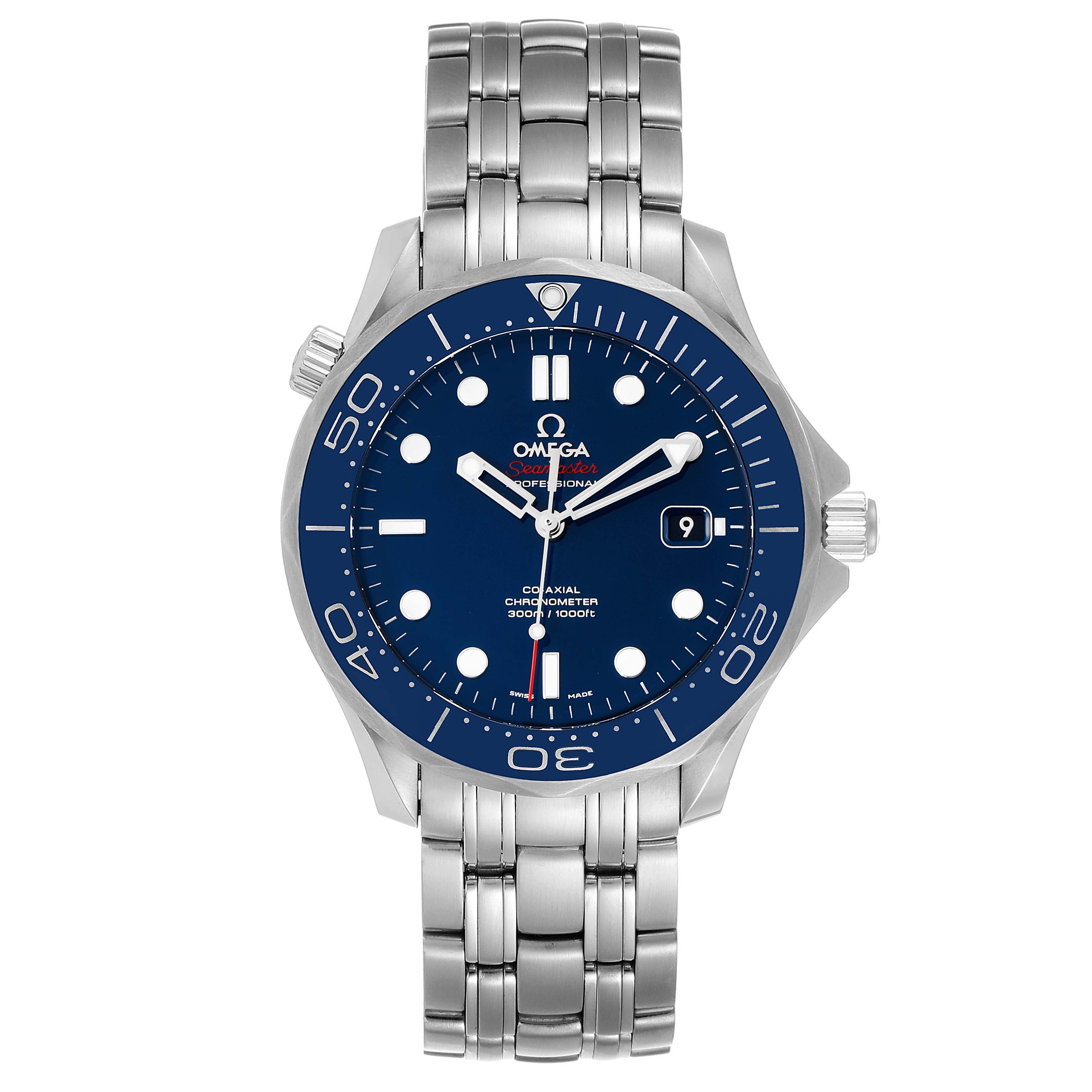 The image shows a front view of an Omega Seamaster 212.30.41.20.03.001 Men's Stainless Steel Blue Dial 212.30.41.20.03.001 Men's Stainless Steel Blue Dial watch, highlighting its blue dial, bezel, and metal bracelet.