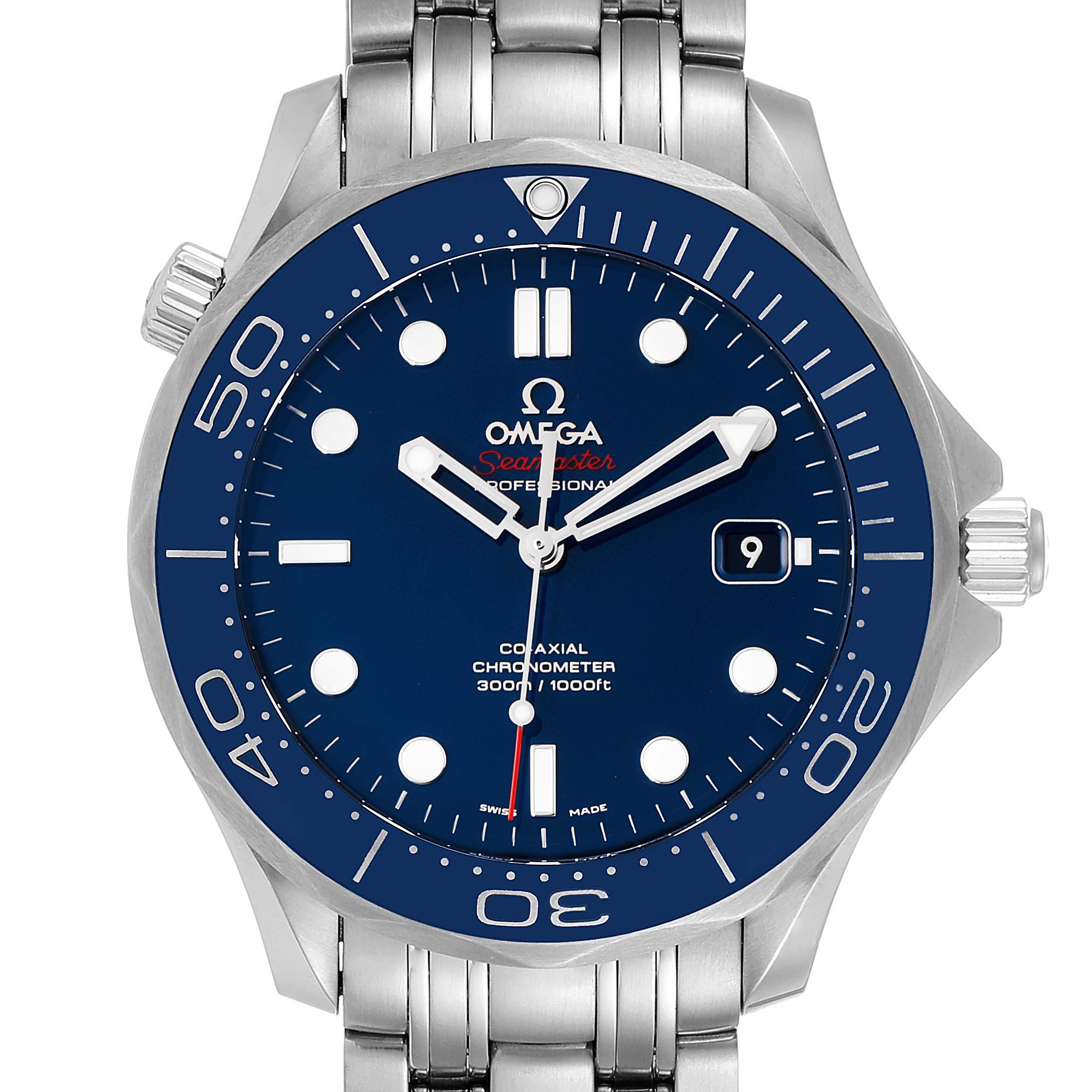 The image shows the Omega Seamaster 212.30.41.20.03.001 Men's Stainless Steel Blue Dial 212.30.41.20.03.001 Men's Stainless Steel Blue Dial watch face, bezel, and part of the stainless steel bracelet from a top-down angle.